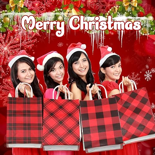 Miniatura 5 de Zhanmai 120 bolsas de regalo de Navidad, color negro y rojo, bolsas de papel kraft de búfalo a cuadros, bolsa de papel kraft de Navidad, bolsas de