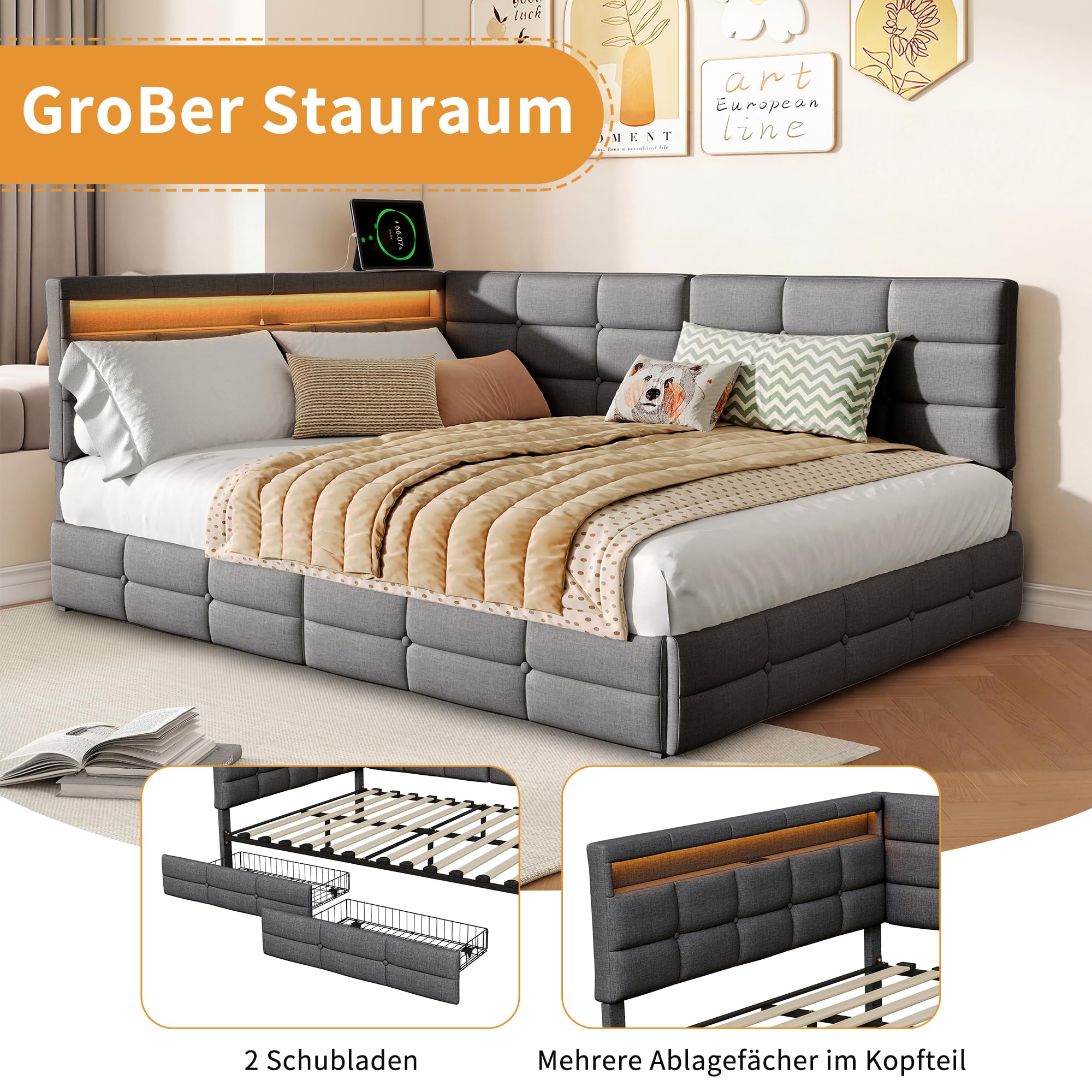 Letto Matrimoniale 140x200 con Testiera a L, Letto Imbottito con Luci LED RGB, USB e Presa di Ricarica, 2 Cassetti Estraibili, Struttura, Letto per ragazzi, Lino, Grigio