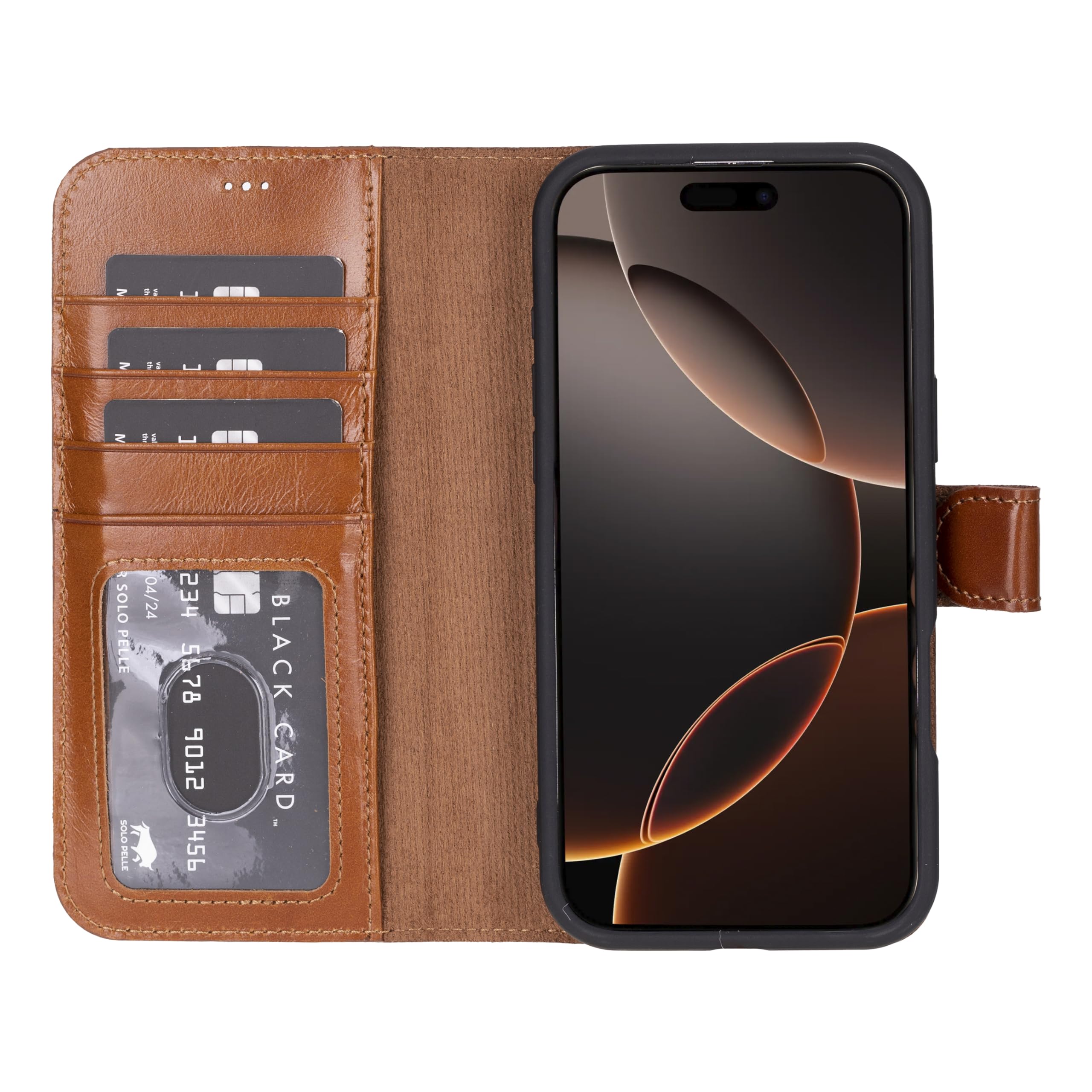 Solo Pelle Lederhülle kompatibel für iPhone 16 Pro Max in 6.9 Zoll abnehmbare Hülle (2in1) inkl. Kartenfächer geeignet für MagSafe Zubehör (Cognac Braun)