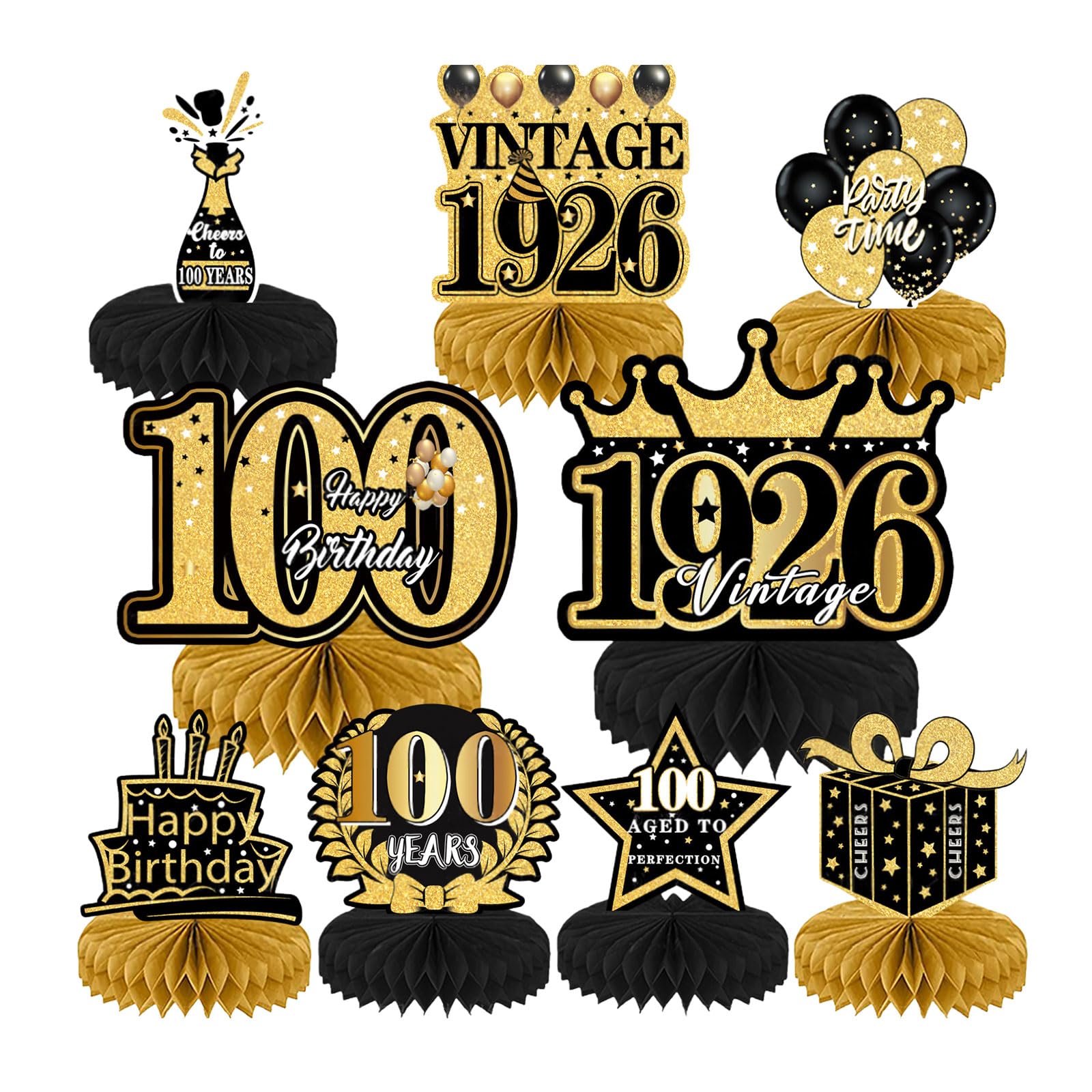 Bubaxuce 100th Birthday Celebration Decorations 9 Pieces Black And Gold Vintage Honeycomb Table Toppers For Women Men Cheers To 100 Years Anniversary