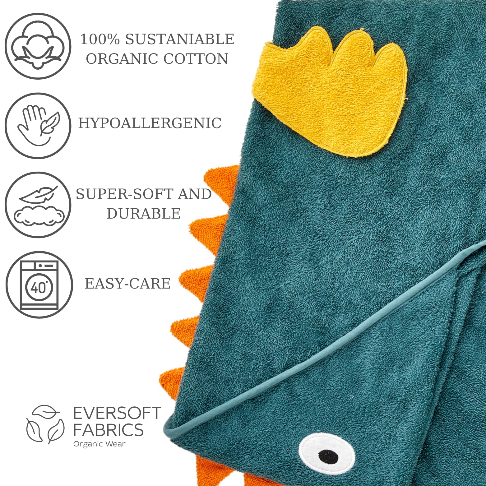 Serviette de bain à capuche pour enfants, motif dinosaure, 100 % coton, douce et absorbante, pour bain, plage et piscine, bleu sarcelle