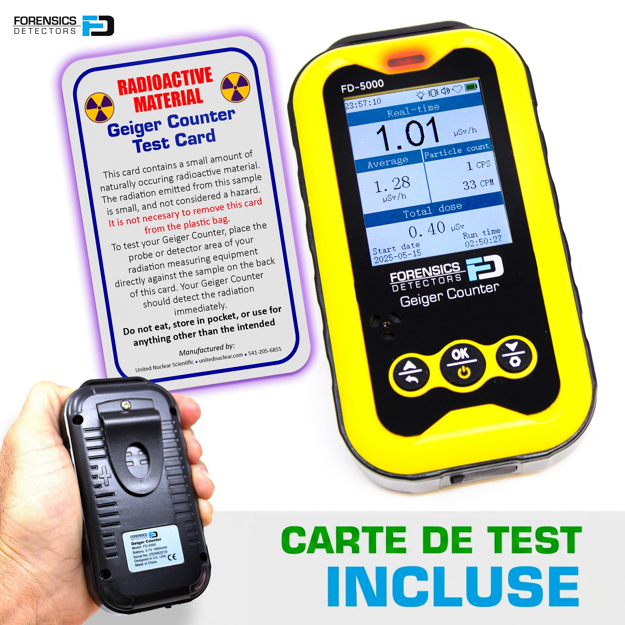 Compteur Geiger + Carte De Test De Radiation | Durée De Vie Du Capteur 20 Ans | Détecteur De Rayonnements | Bêta, Gamma Et Rayons X | Test De Chute Réussi Depuis 10 Pieds