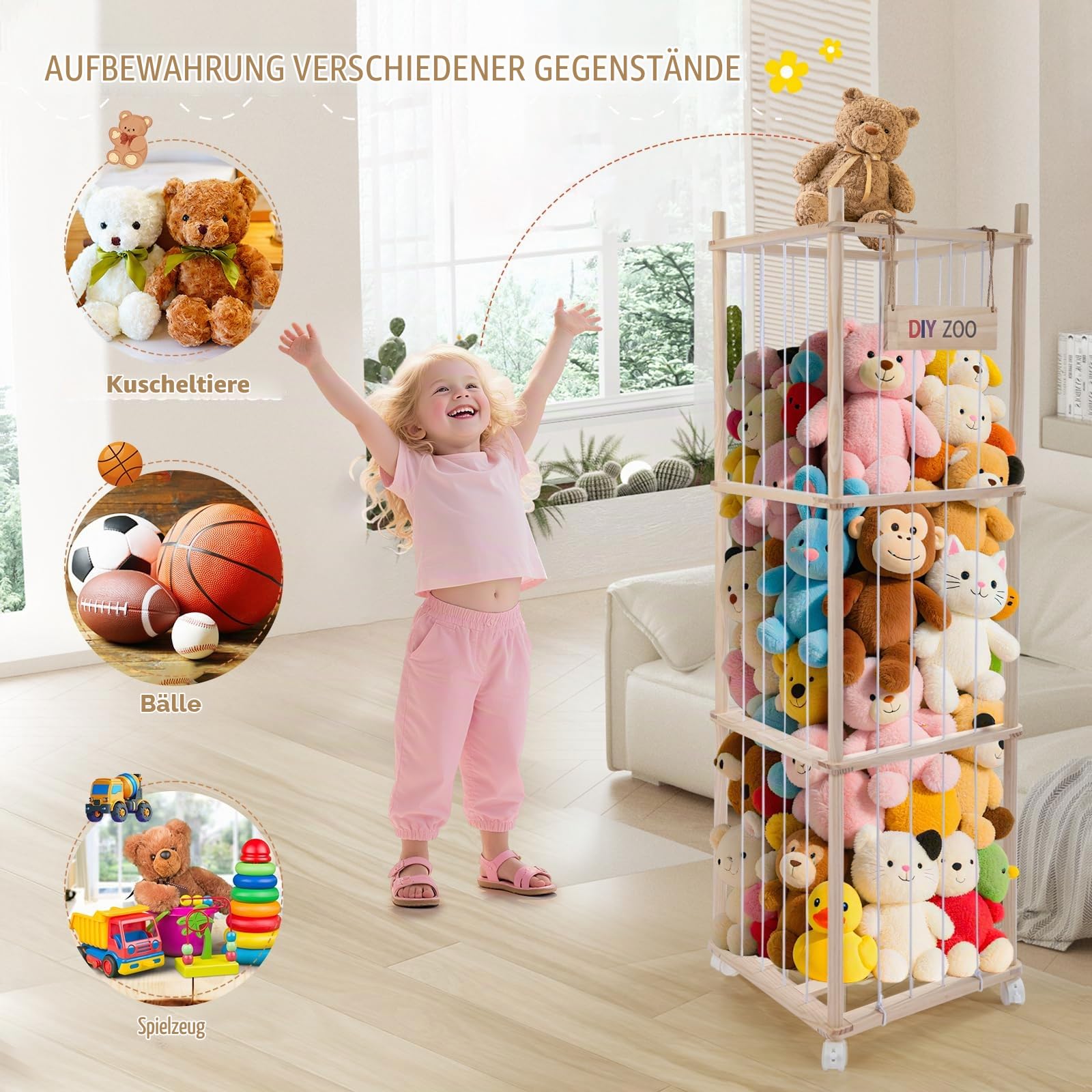 Sunowl Kuscheltier Aufbewahrung, Stofftier Aufbewahrung Mit 360°Bremse-Ausgestattete Räder,138 * 41 * 41cm für Kinderzimmer, Spielzimmer, Wohnzimmer usw