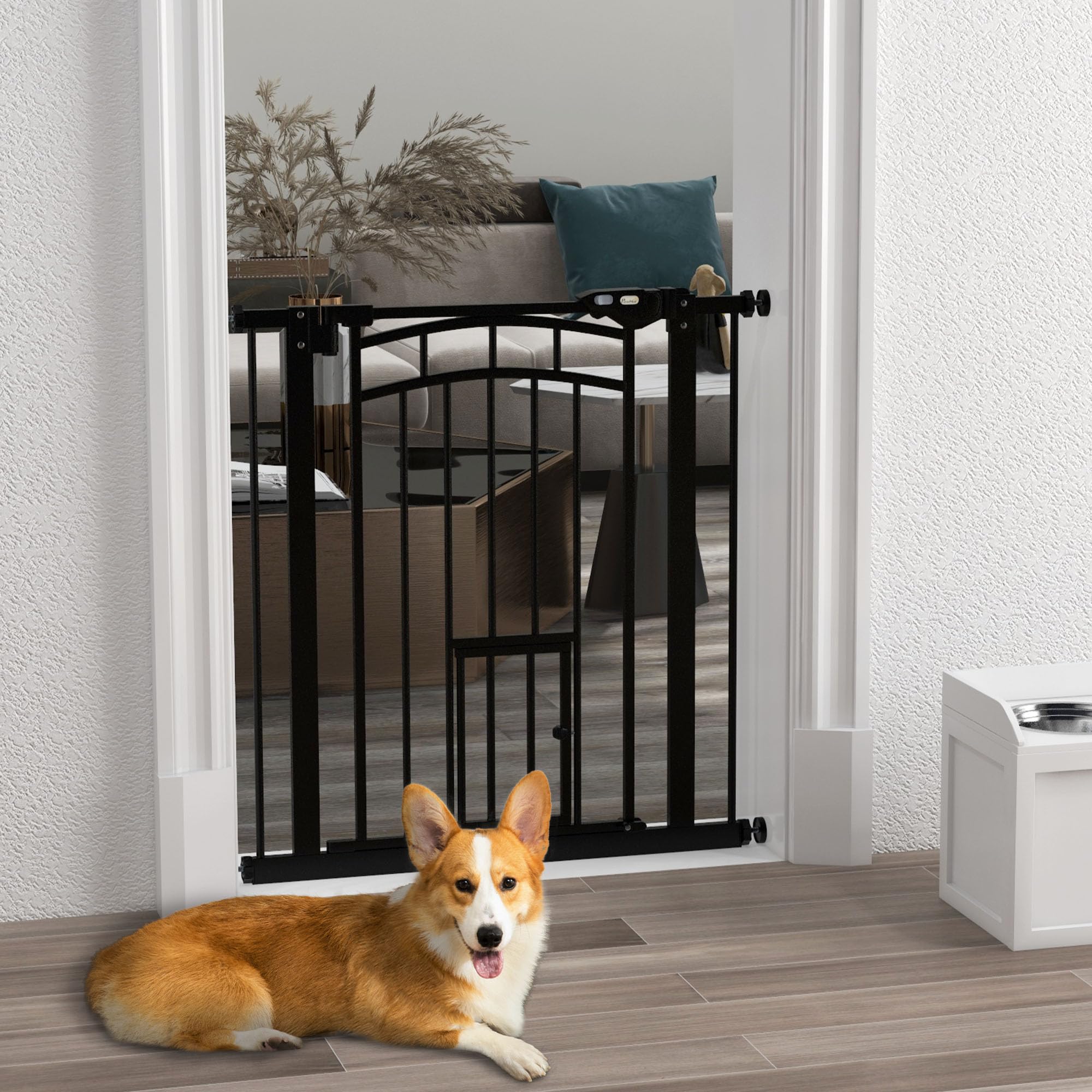 PawHut - Barrera de Seguridad para Perros (fijación por presión sin Taladro, Puerta de Cierre automático, Sistema de Doble Bloqueo, 74 a 80 cm, Acero, Negro | Barrera de Escalera, Sin Taladro, Puerta Automática, Sistema de Doble Bloqueo, Acero
