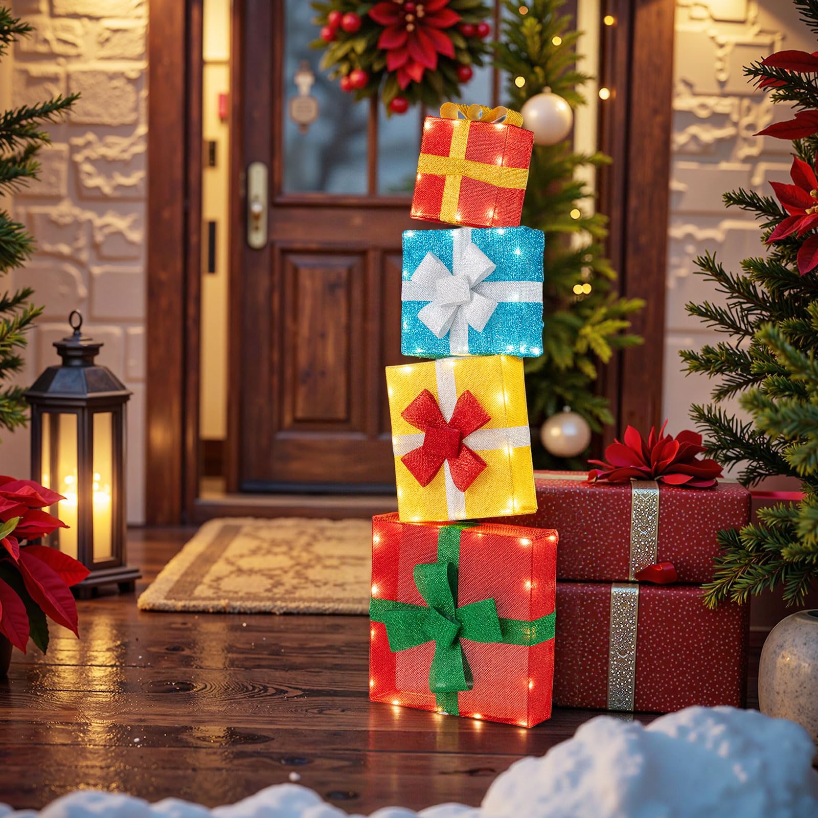 COSTWAY Scatole Regalo per Decorazioni di Natale, Set 2D da 4 Scatole Sovrapposte Preilluminate, Scatole Regalo Impilabili da 120 cm con LED e Fiocchi per Interni ed Esterni, Giardino, Cortile