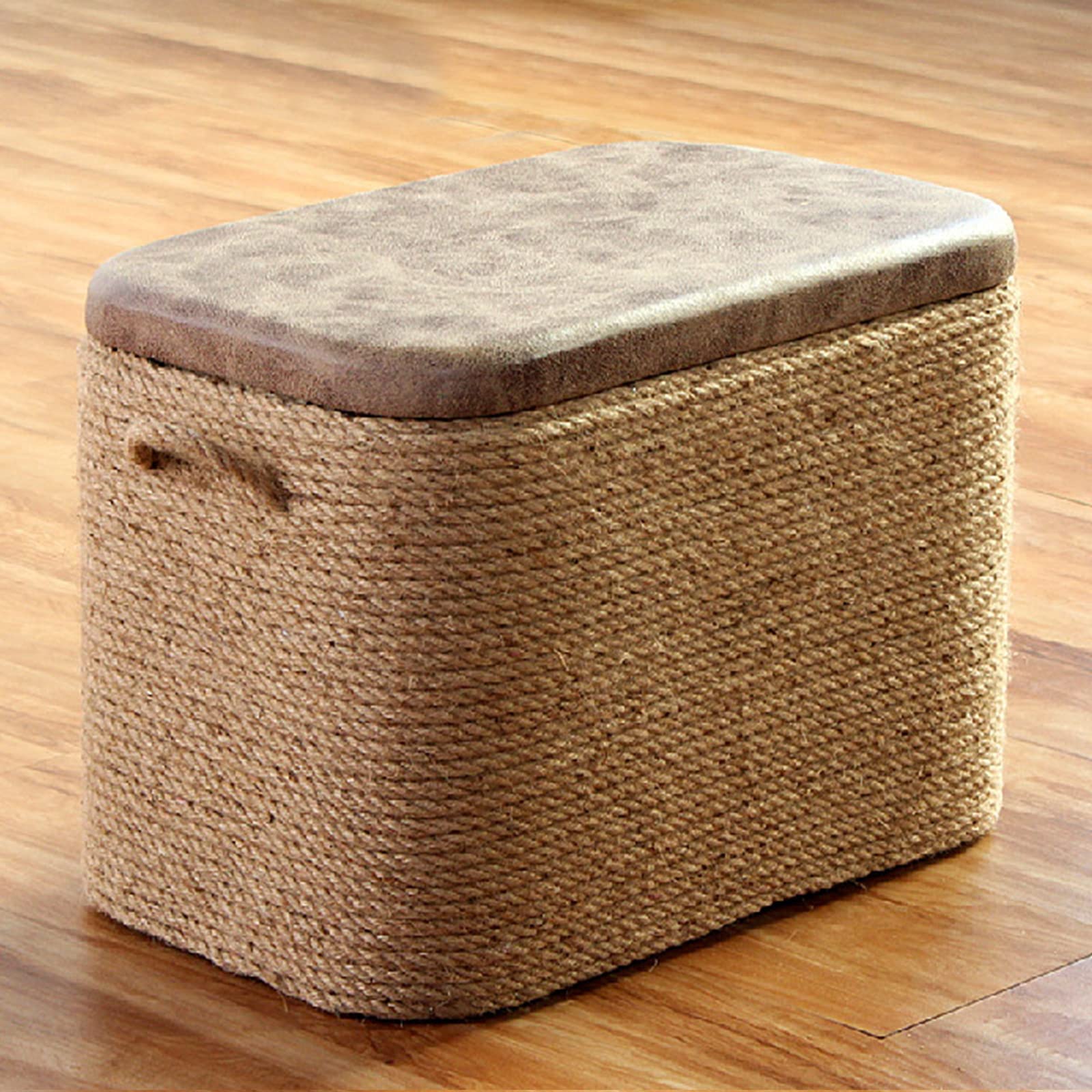 Tabouret de rangement en rotin et similicuir marron 50x30x35 cm pour salon et entrée