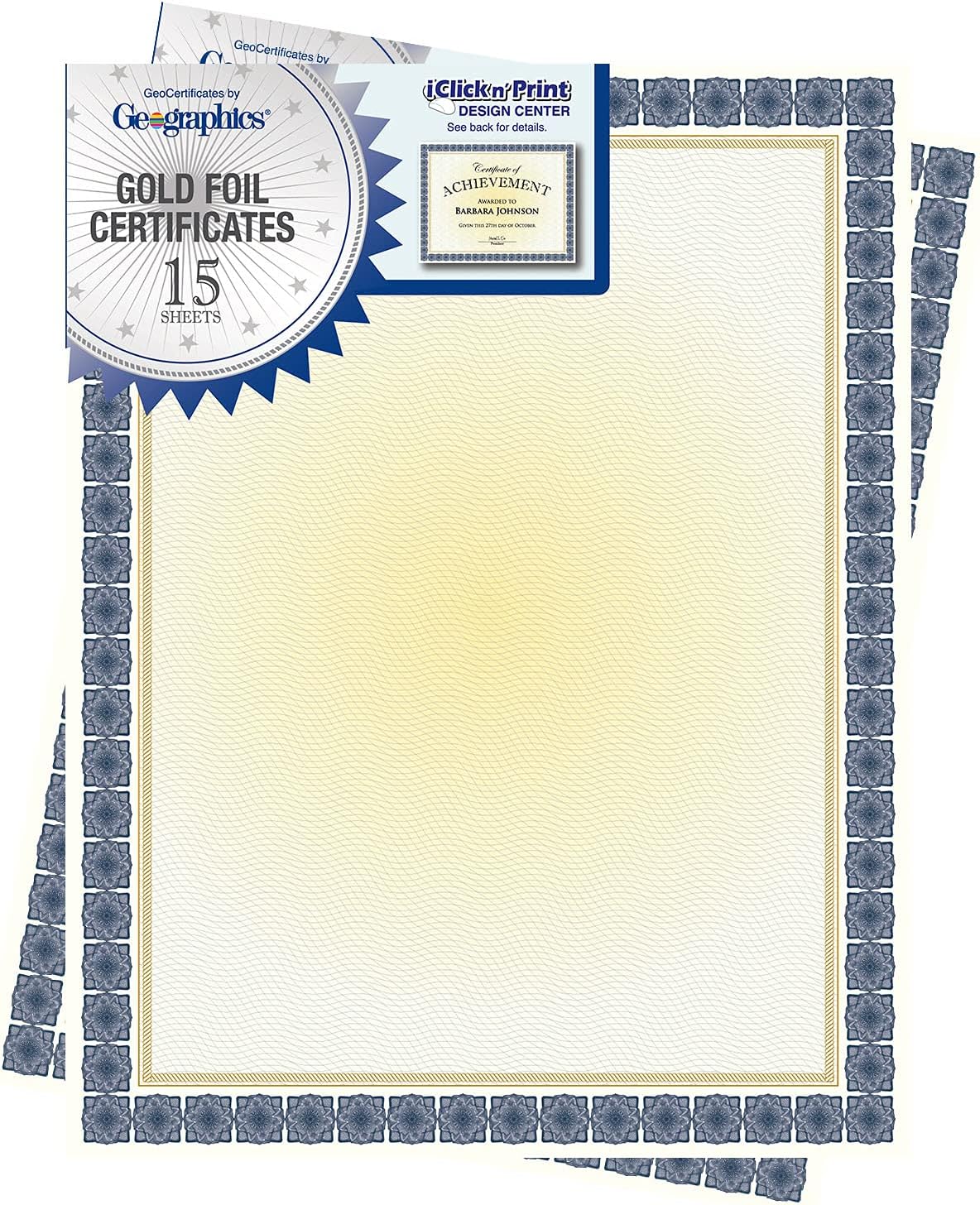 Blank Award Certificate Paper, 8.5 x 11", Premium Gold Foil & Kensington Blue Border Design (Pack of 15)
