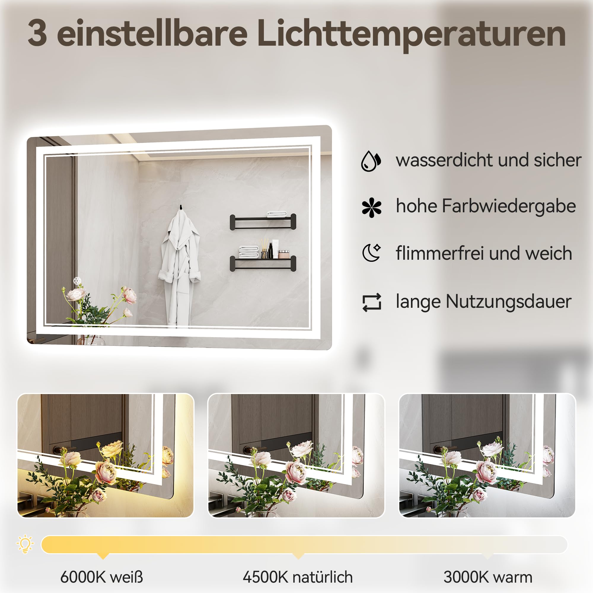 Badspiegel mit Beleuchtung, Badezimmer Wandspiegel mit Led 3 Farben