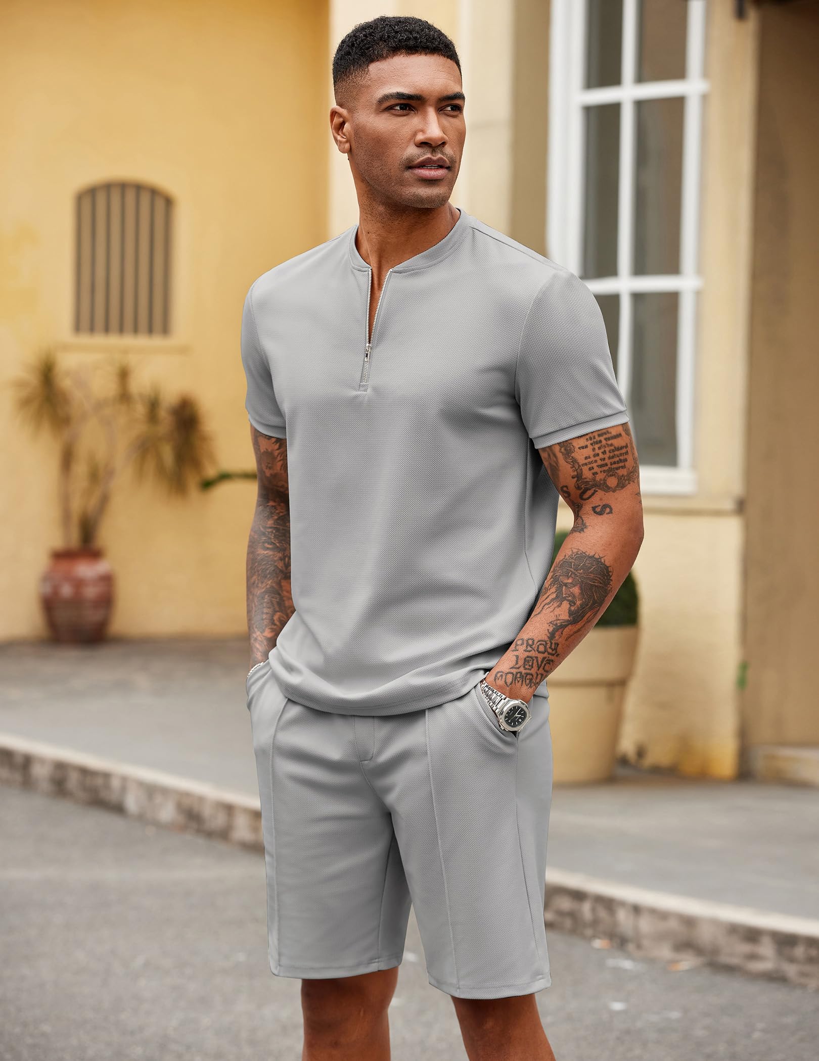 COOFANDY Tuta da uomo 2 pezzi casual polo con zip a un quarto e pantaloncini set atletico jogging estate tuta