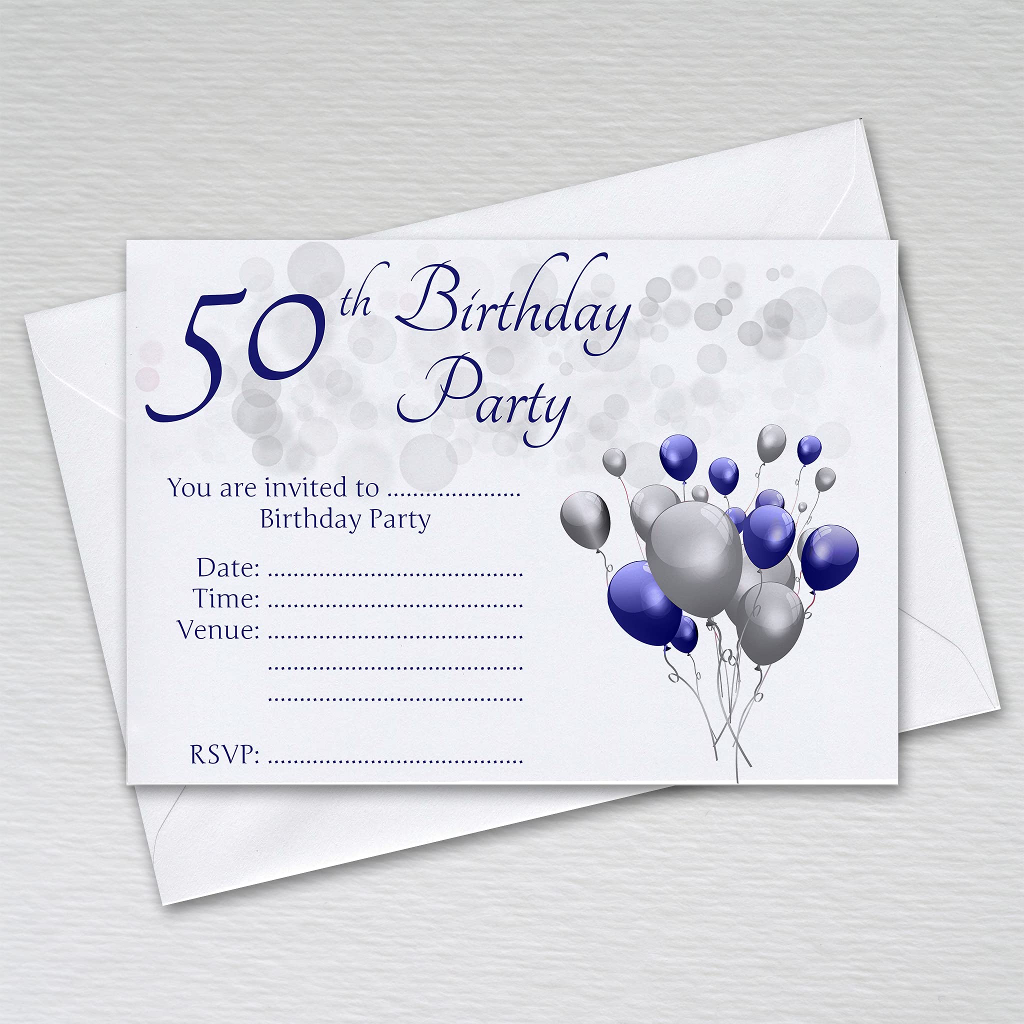 Pack of 50th Birthday Party Invitations with Envelopes: Blue & Silver Fiftieth Invites for Male/Female Birthday Parties (Pack of 20 Blue & Silver with Envelopes)