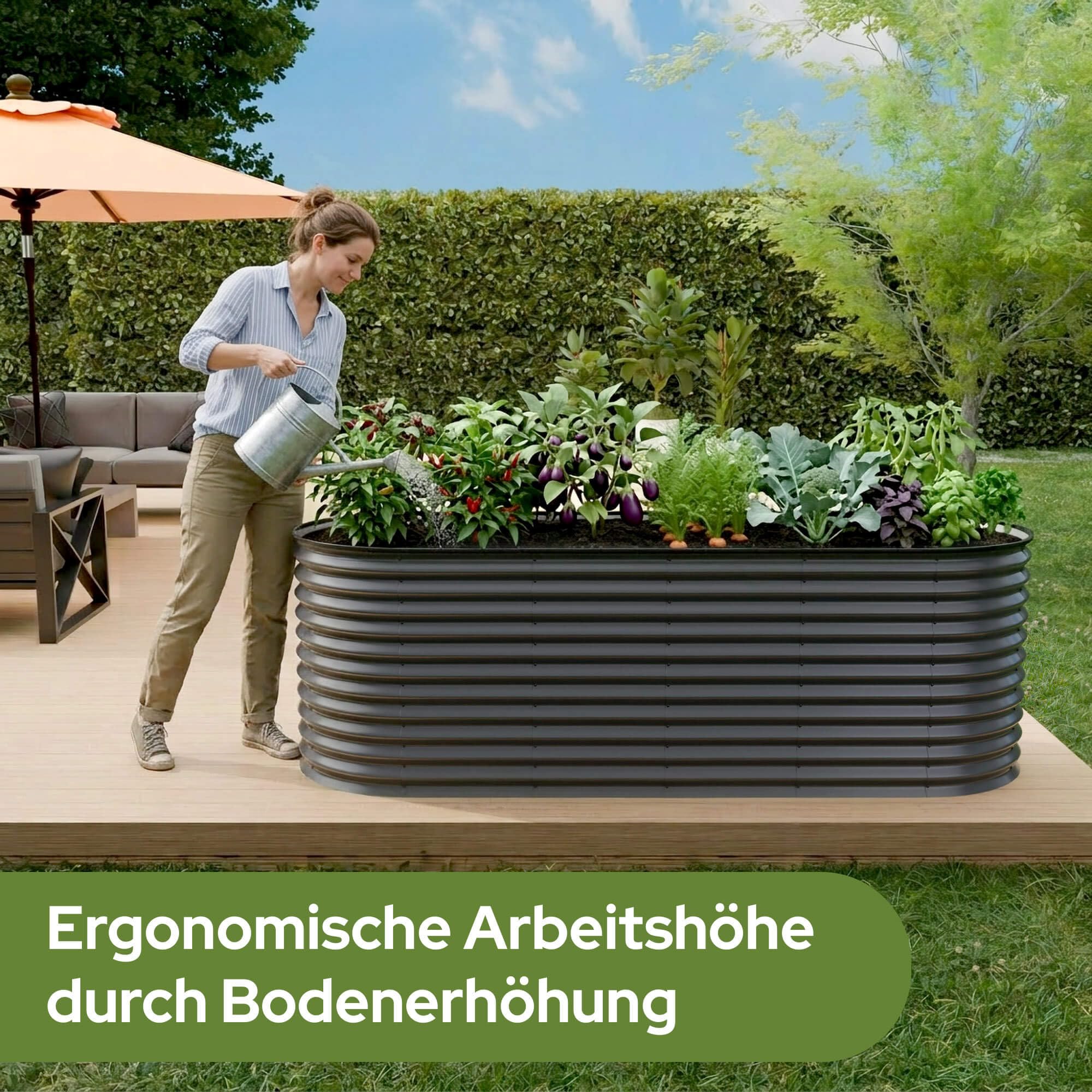 Arebos Hochbeet oval Metall 240x80x78 cm Anthrazit | Gartenbeet verzinkter Stahl rostfrei mit Gummikante 1170 L, Stabil mit Querstreben | Gemüsebeet ideal für den Garten | für Gemüse, Kräuter & Blumen