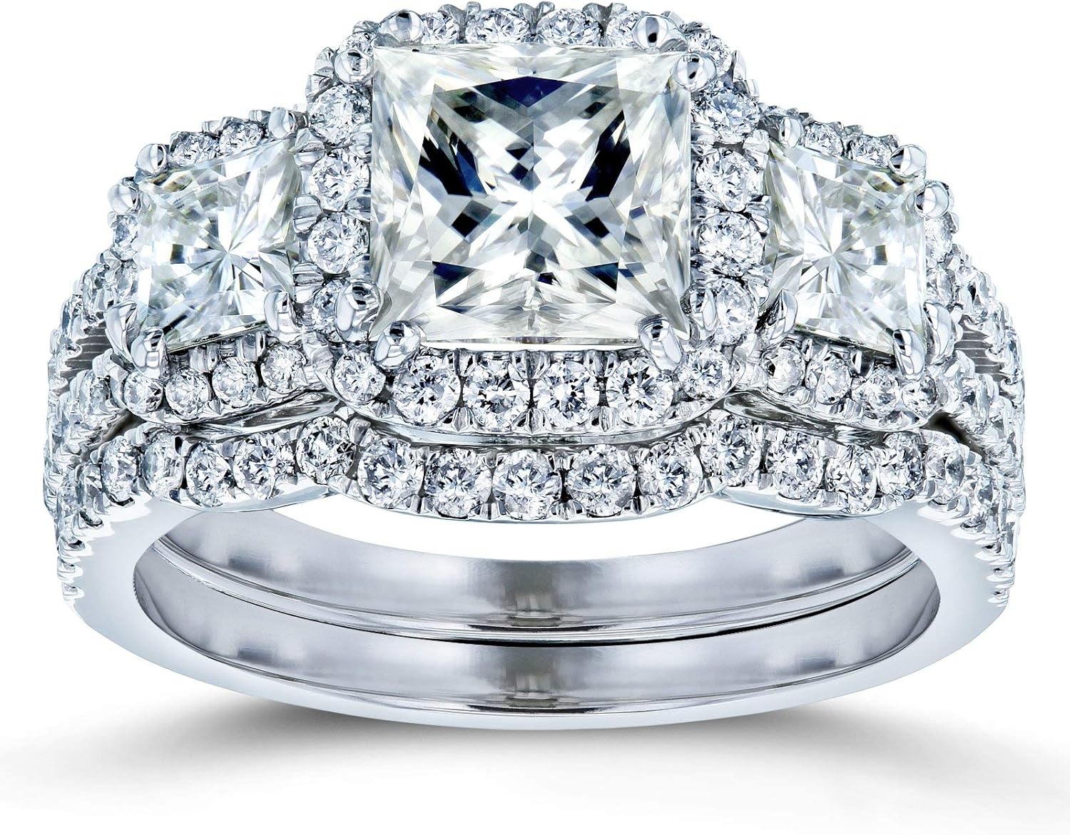 Kobelli Princess Moissanite Halo 3-Stone Bridal Rings Set 3 1/10 CTW 14k White Gold