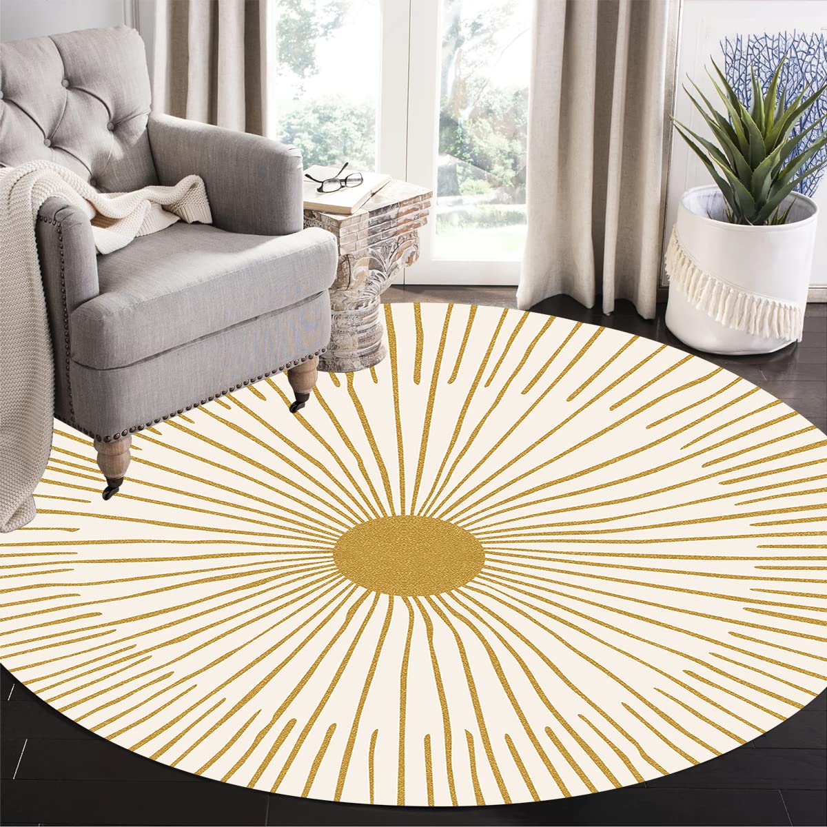 Cream Orange Sun Pattern Minimalist Modern Boho Round Area Rug 10ft Ultra Soft Wool Shag Plush Circular Carpet for Livingroom Bedroom Dining Office Indoor Outdoor Floor Rug