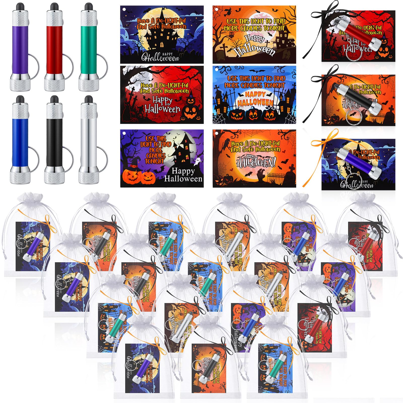 Tujoe 48 Pcs/24 Sets Halloween Party Favors Trick or Treat Flashlight with Happy Card for Halloween Prizes Classroom Favors Party Supplies