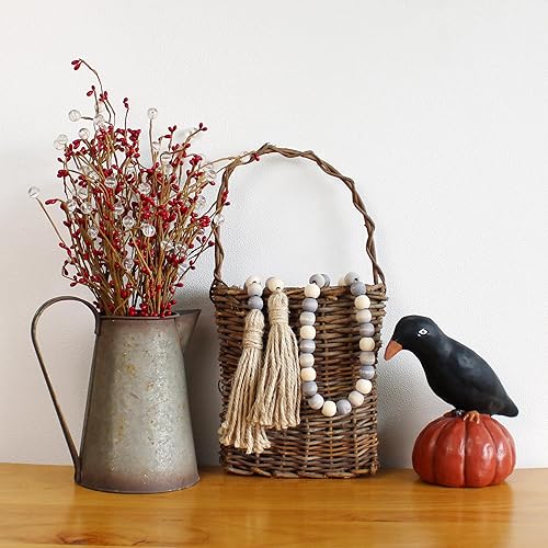 Miniatura 4 de CVHOMEDECO. Guirnalda de cuentas de madera con borlas estilo granja rústica, cuentas de oración de madera para colgar en la pared, acento para