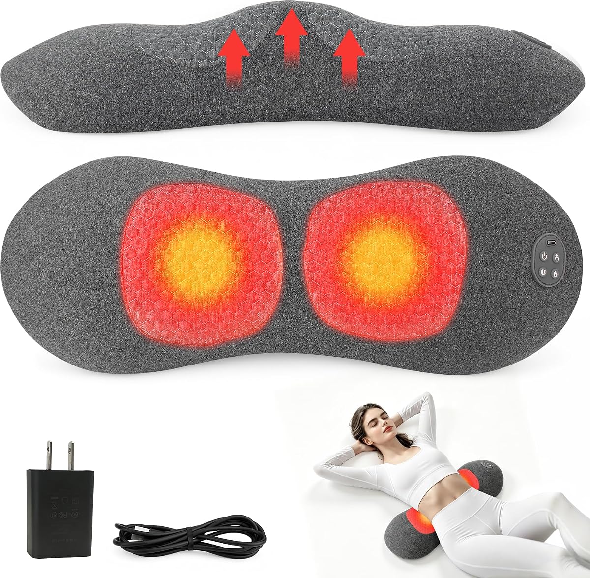 Cordless Lumbar Support Pillow, 3 in 1 Back Massager with Heat, Vibration Massage & Dual Airbag Traction, Ergonomic Memory Foam Lower Back Pain Relief Pillow for Car, Office Chair, Home, Travel