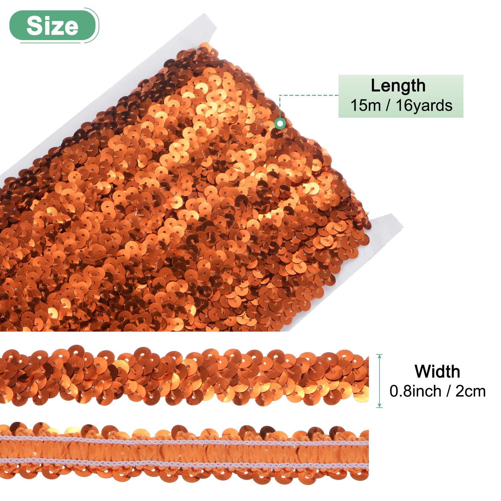 M METERXITY 1-Pack Elastische Paillettenborte, 16 Yards 0,8 Zoll Flache Pailletten Glitzer Paillettenborte 2 Reihe Metallische Paillettenborte für Basteln Nähen Verzierung [Orange]
