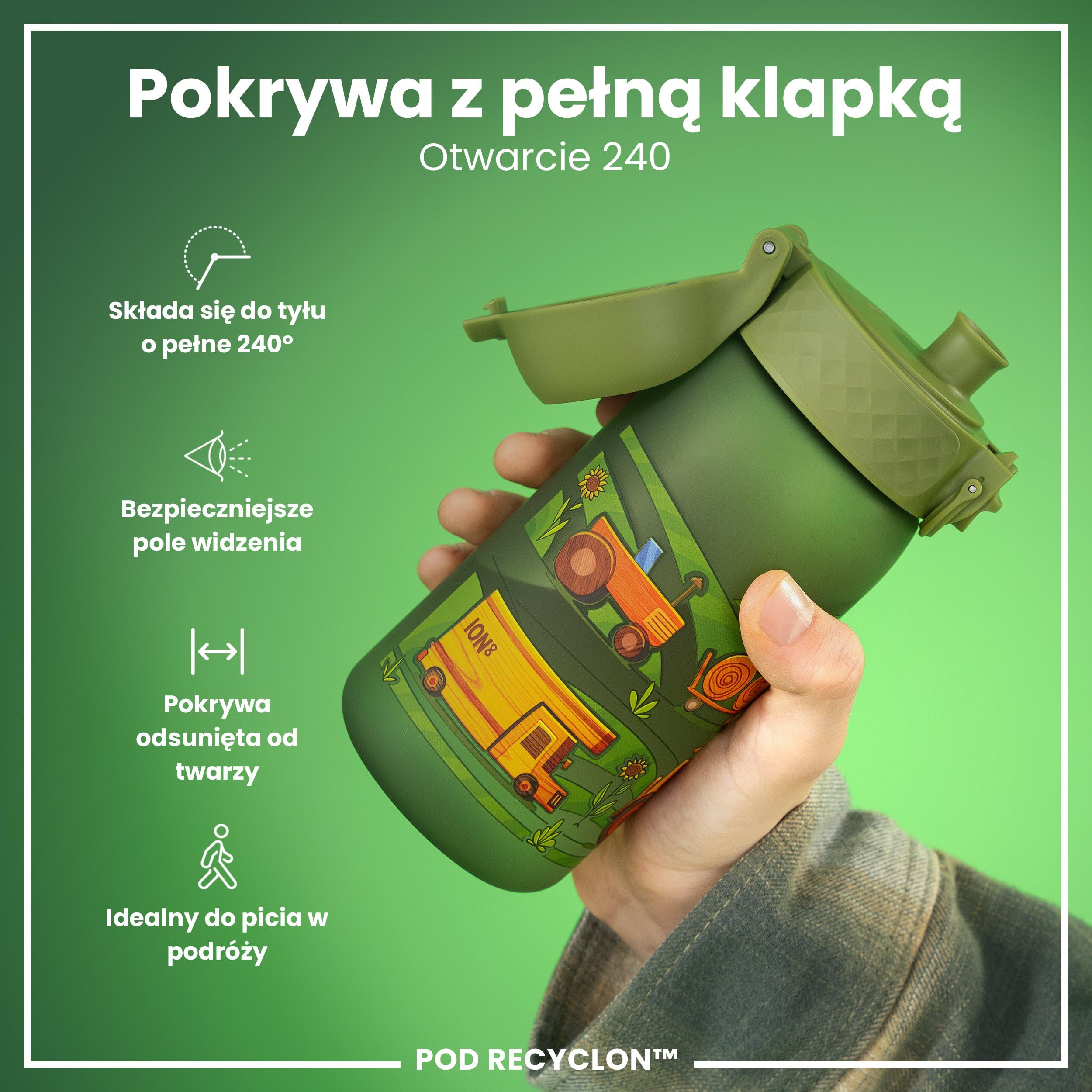 ION8 Butelka dla Dzieci, 350 ml/12 oz, Szczelna, Łatwa do Otwarcia, Bezpieczny Zamek, Można Myć w Zmywarce, Bez BPA, Uchwyt do Przenoszenia, Łatwa do Czyszczenia, Bezwonny, Maszyny Rolnicze
