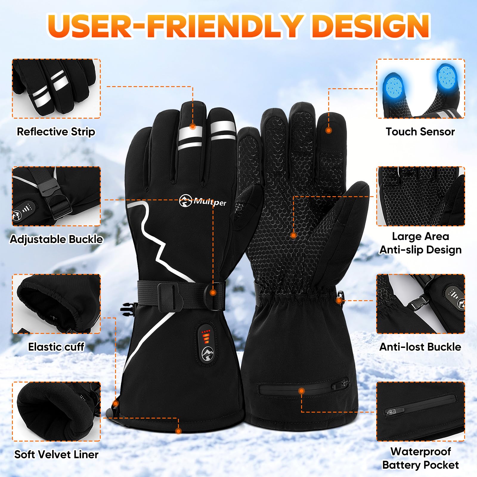 Beheizbare Handschuhe für Herren Damen,Multper Elektrische Beheizte Handschuhe Wärmefunktion mit USB Aufladbare Akku 3000mAhx2,3-Stufigem,wasserdichte Touchscreen für Wandern,Radfahren,Skifahren - L