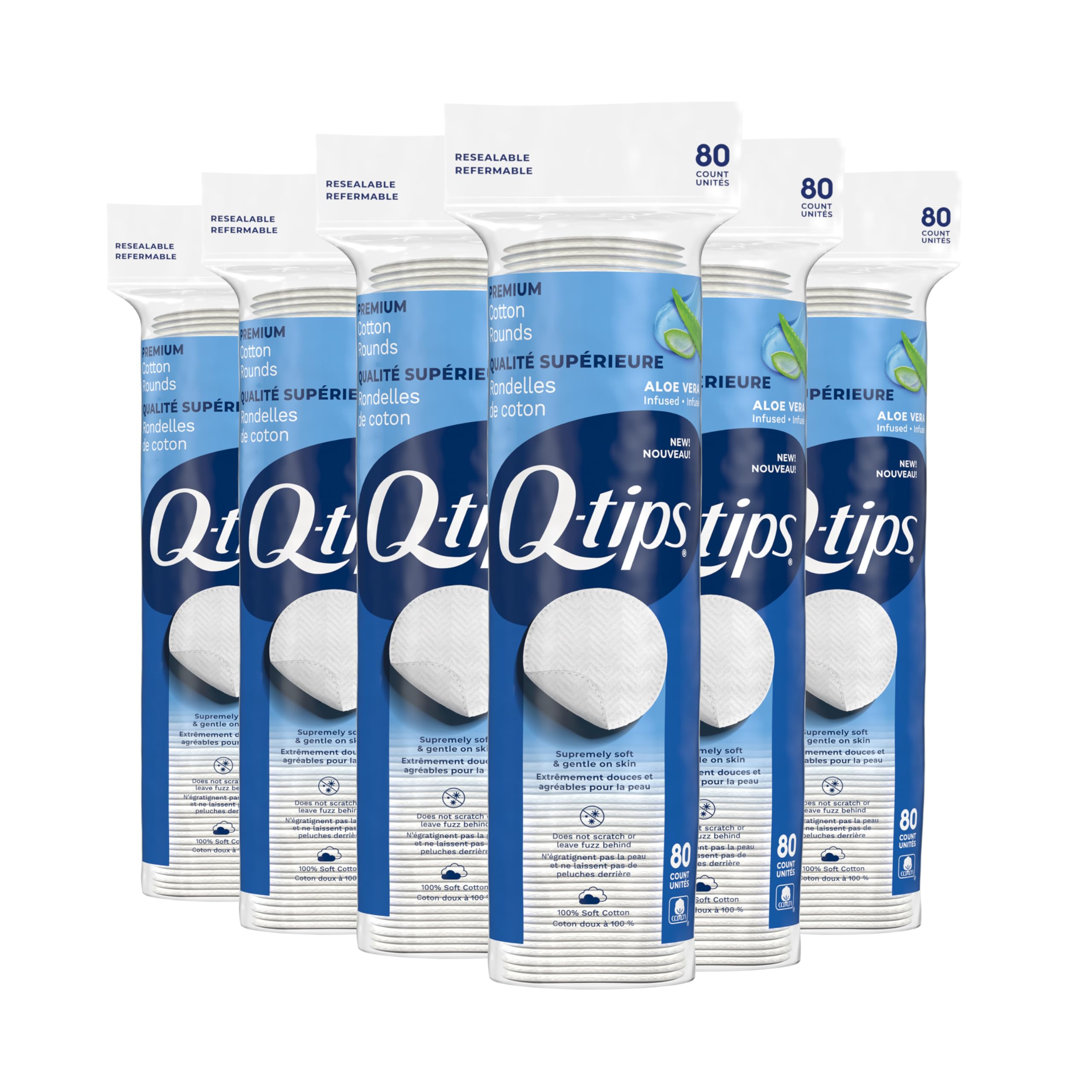 View 1 of **only 3 packs** Q-Tips Premium Cotton Rounds for Face, 100% Cotton, Soft Lint Free Makeup Remover Pads, Cleansing Face Pads for Toner, Nail Polish Remover, Skin Care and Beauty Use, 80 Count Per Pack, 6 Pack