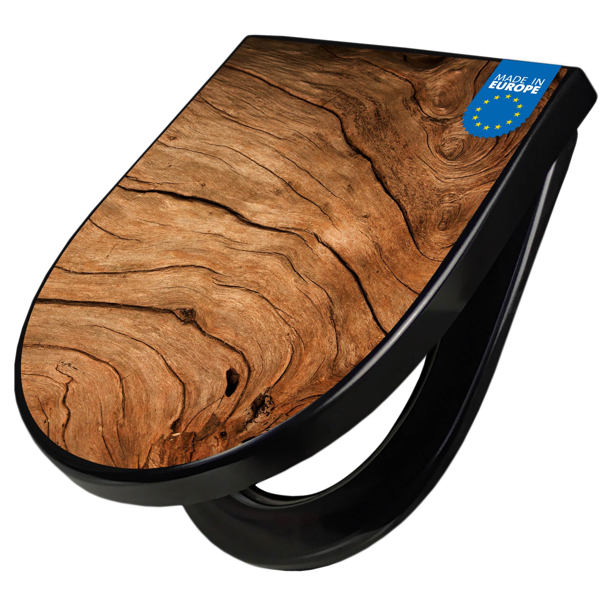 banjado WC Sitz mit Absenkautomatik D Form - Toilettendeckel mit Absenkautomatik D Form - Klodeckel Softclose - stabile Klobrille - Toilettensitz Schwarz - Motiv Trockenes Holz