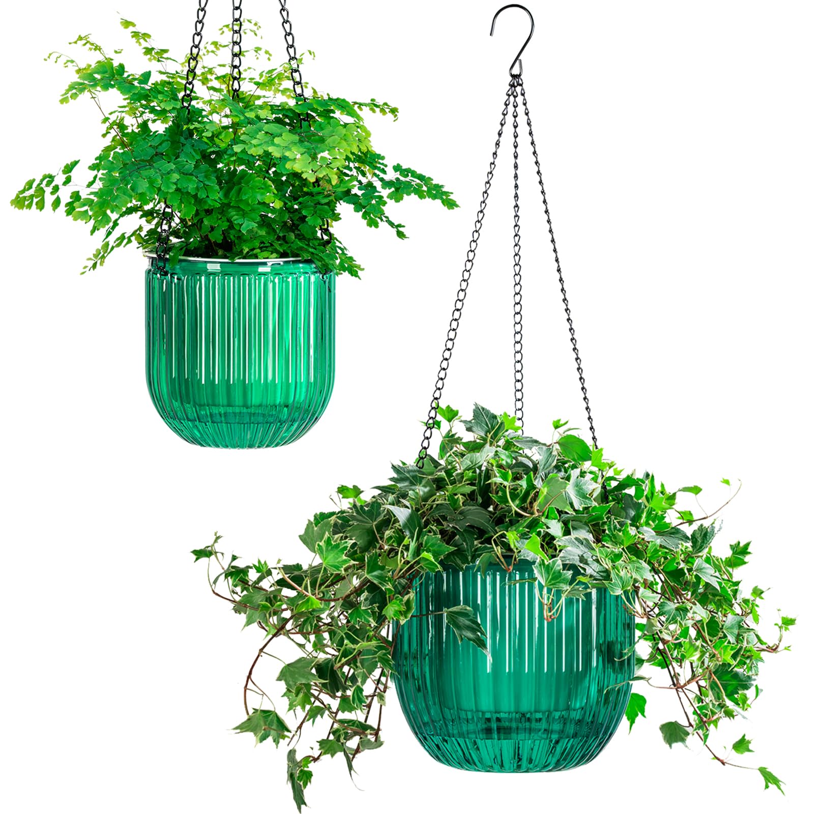 Melphoe 2 Pack Self Watering Hanging Planters Indoor Flower Pots, 5.3/8.3 Inch Outdoor Hanging Basket, Plant Hanger with 3Hooks Drainage Holes for