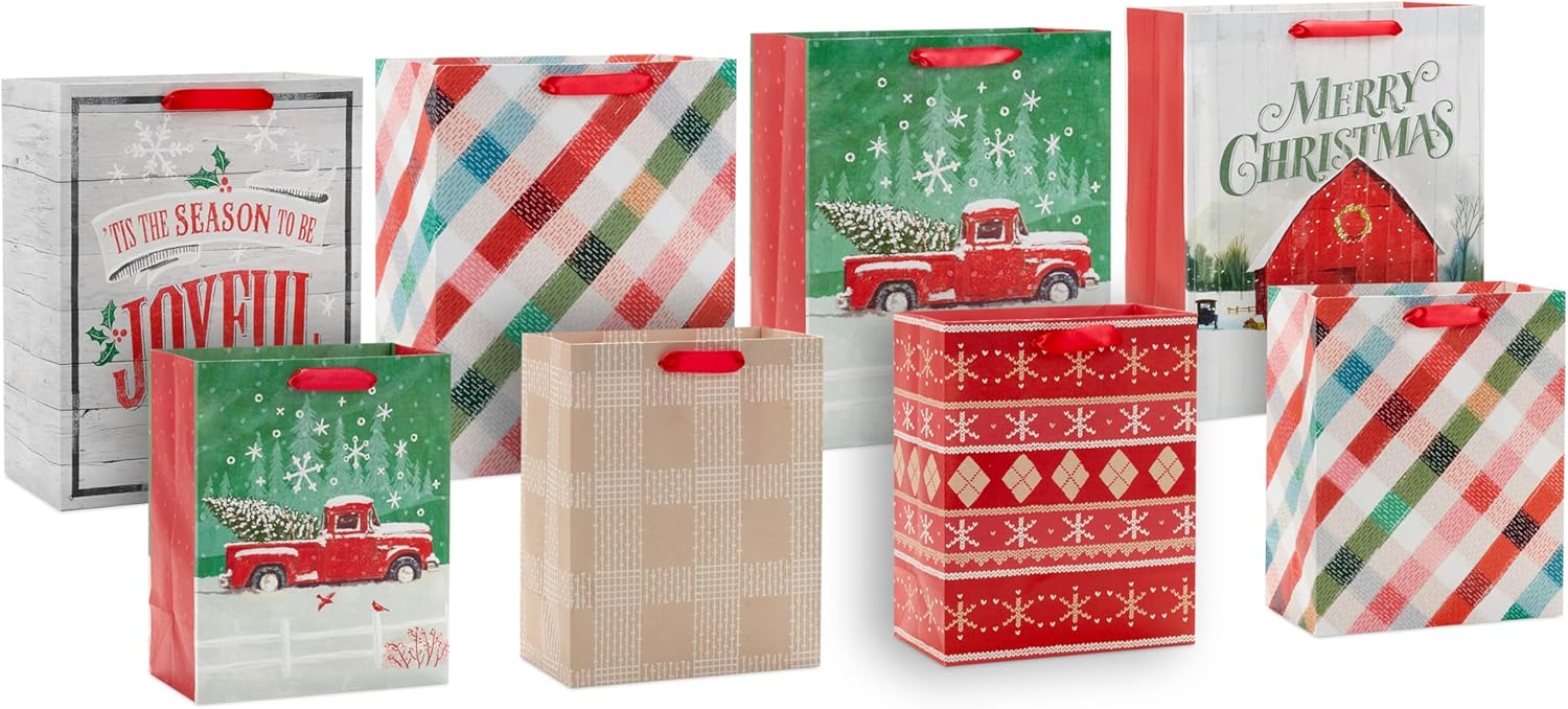 Hallmark Rustic Bag Assortment (8 Bags: 4 Medium 9″, 4 Large 13″) Snowy Red Barn, Red Truck, Plaid, Painted Wood Sign