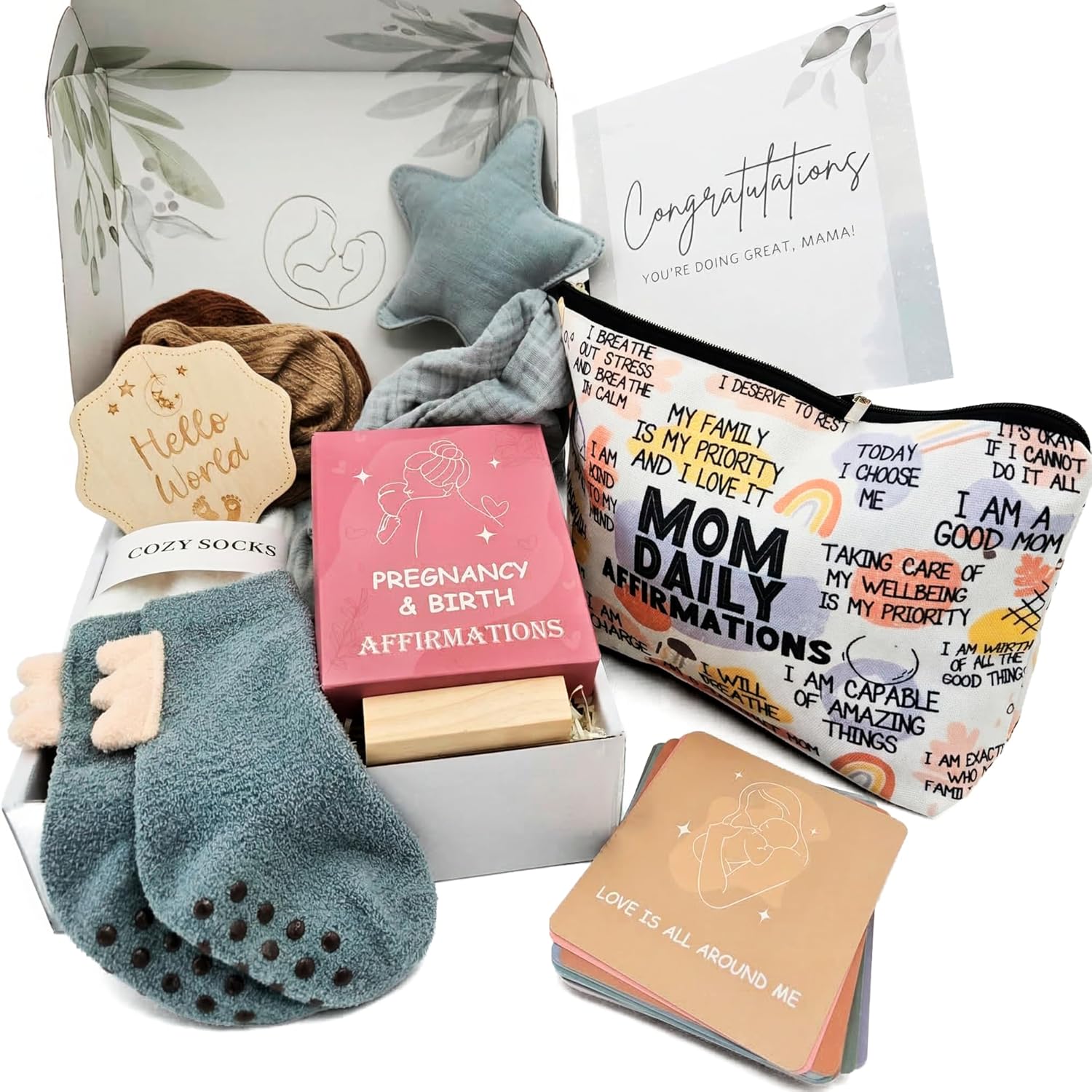 New Mom Care Package Gift Set with Daily Affirmation Cards – Postpartum Gifts for Mom After Birth, Pregnancy Gift for First-Time Moms, Baby Shower Gift for Expecting Mom, 9-Piece Set