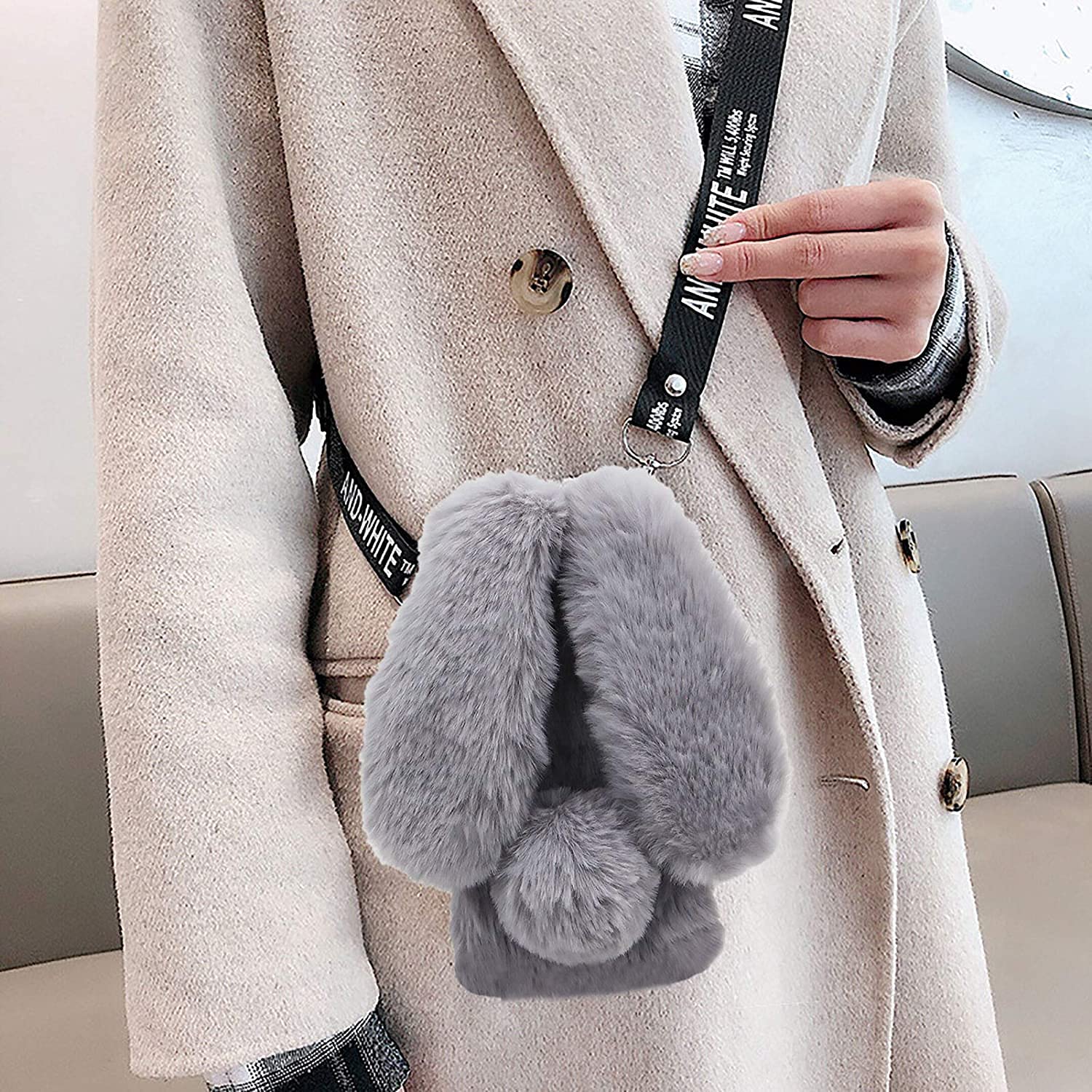 JOIUXNER Plush Rabbit Case for Samsung Galaxy S24 5G,Cute Furry 3D Bunny Ears Hairball Winter Warm Soft Fluffy Fuzzy Girls Women Cover with Crossbody Shoulder Strap Neck Lanyard Case,Light Gray