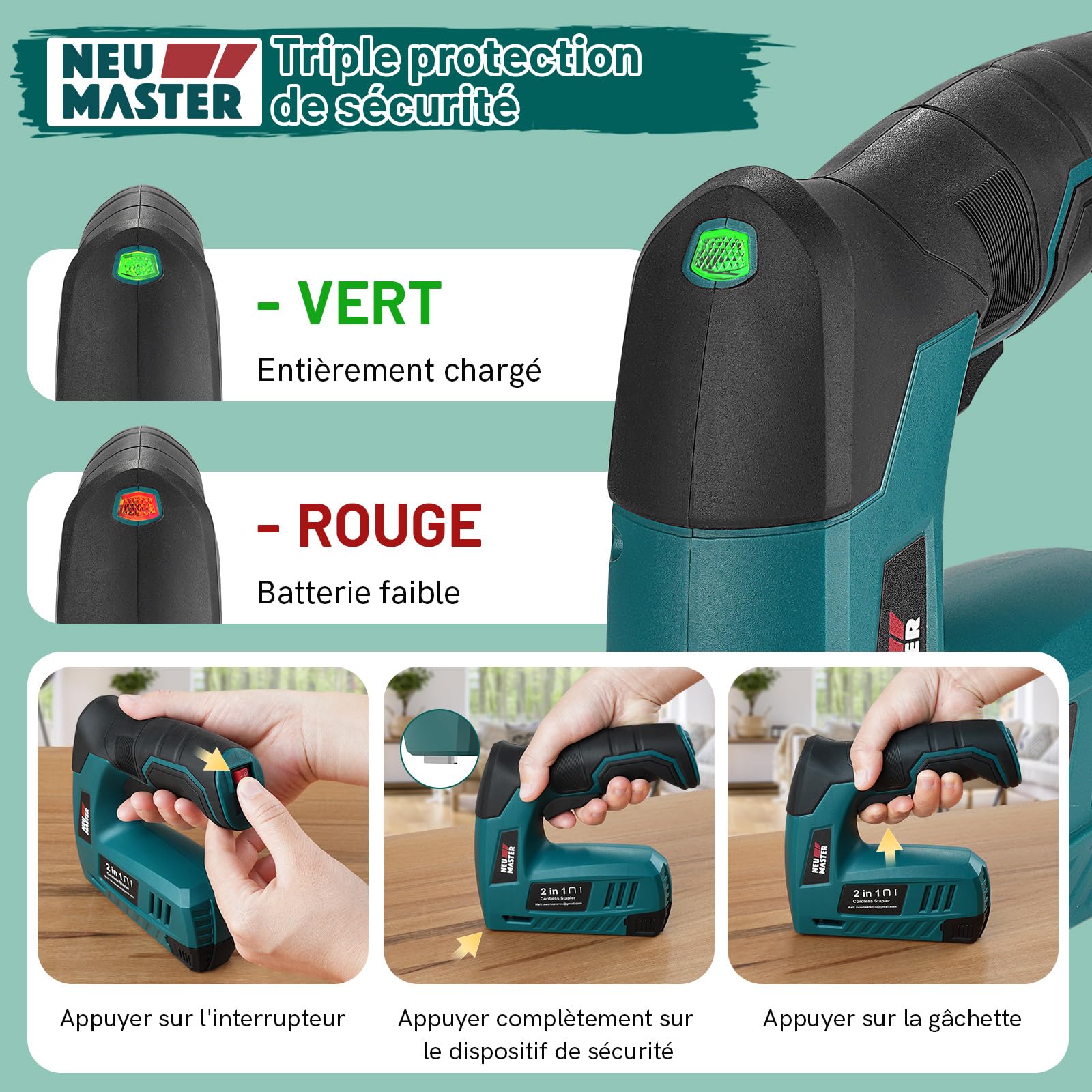 NEU MASTER Agrafeuse Électrique, 2-en-1 4V Cloueuse Electrique Sans Fil avec Câble de Charge, 1000 Agrafes & 1000 Clous Inclus, Idéal pour l'Artisanat, le Bricolage et la Décoration Intérieure