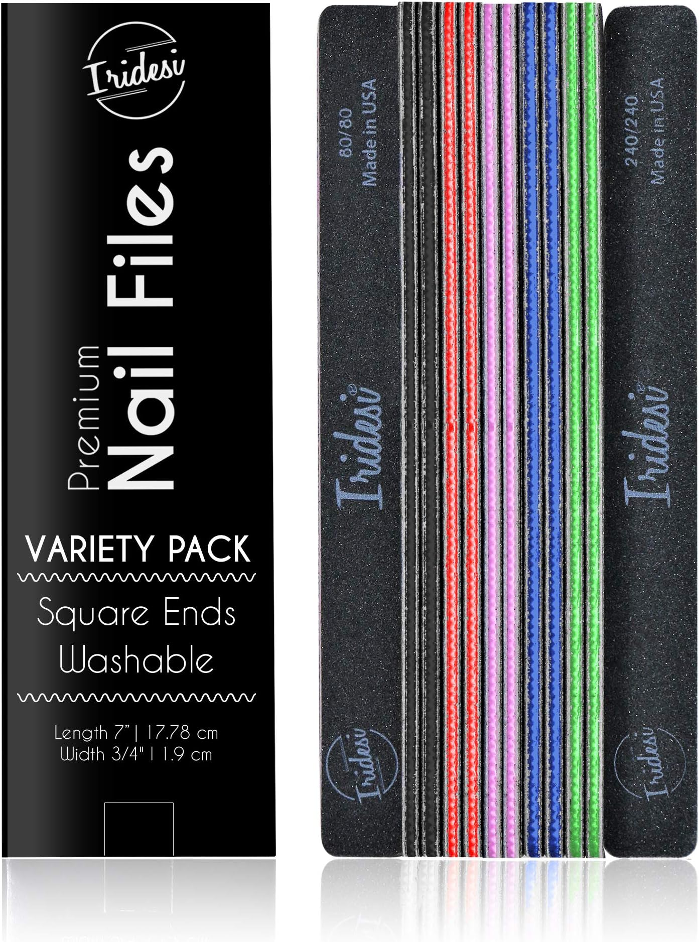 Professional Nail Files Black Color Coded Center Washable Emery Boards 7 Inches Long Square End Serrated Edge 12 Fingernail Files Per Pack (Assorted)
