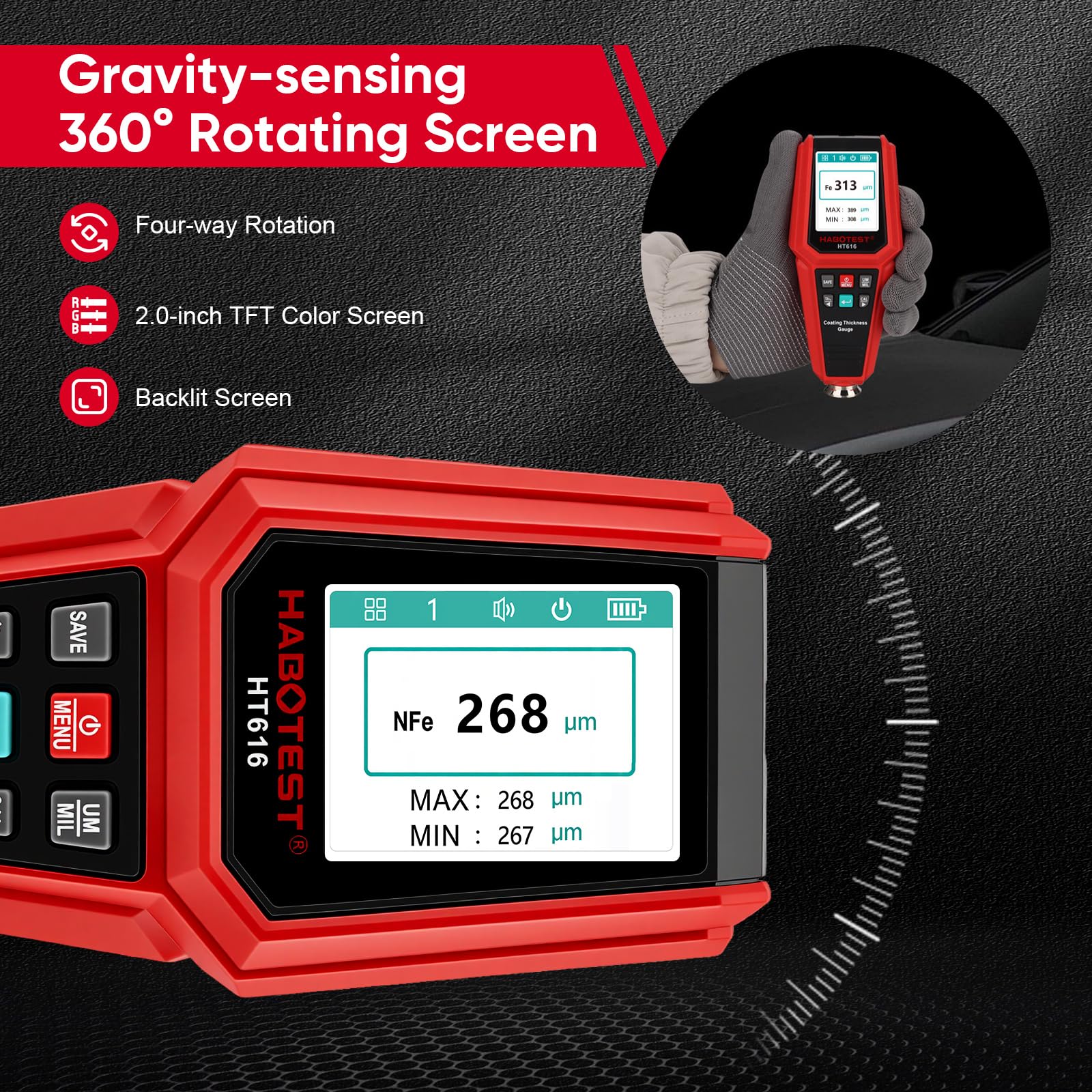 Spessimetro per Vernice Auto, Misuratore Digitale con Grafico a Barre, Schermo a Colori Retroilluminato 4 Vie, Allarme di Soglia, Sonda Fe/NFe