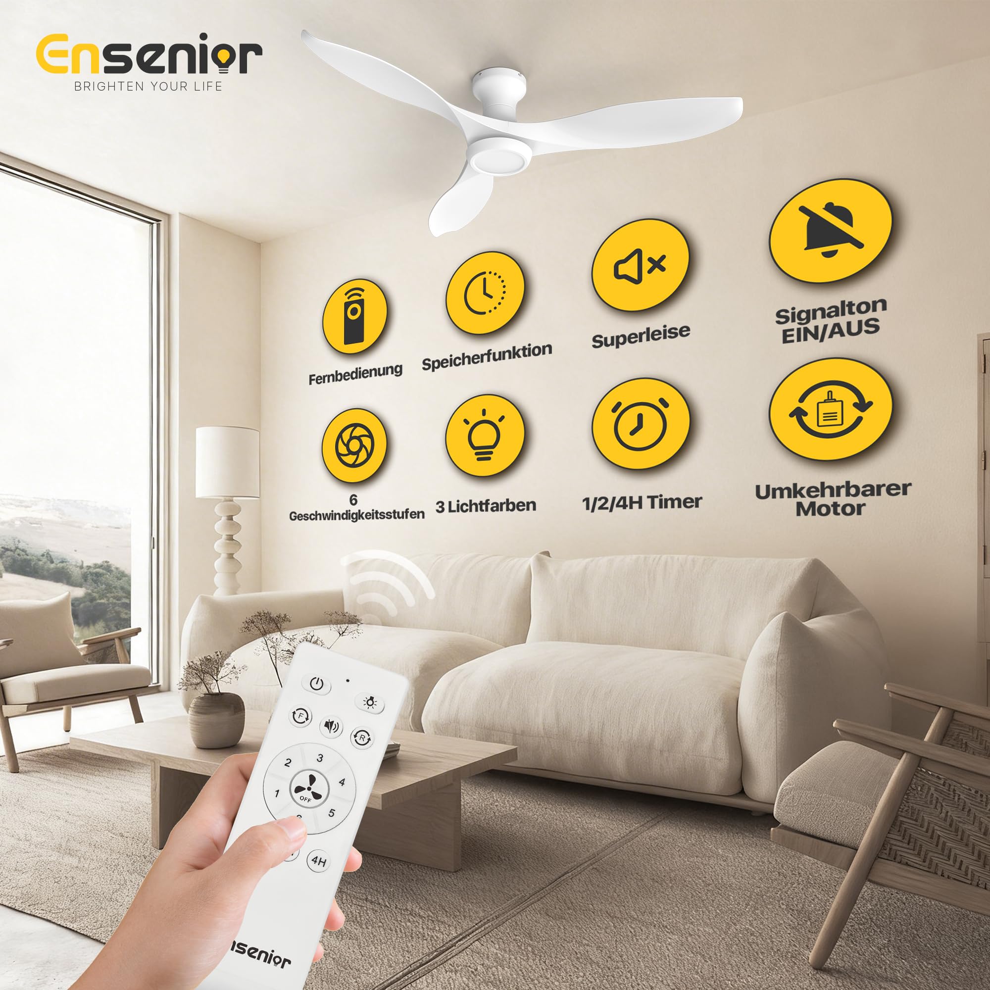 Ensenior Deckenventilator mit Beleuchtung 132cm, Leiser DC-Motor, 6 Geschwindigkeiten & 3 Lichtfarben, Deckenlampe mit Ventilator Fernbedienung für Schlafzimmer Wohnzimmer - Weiß