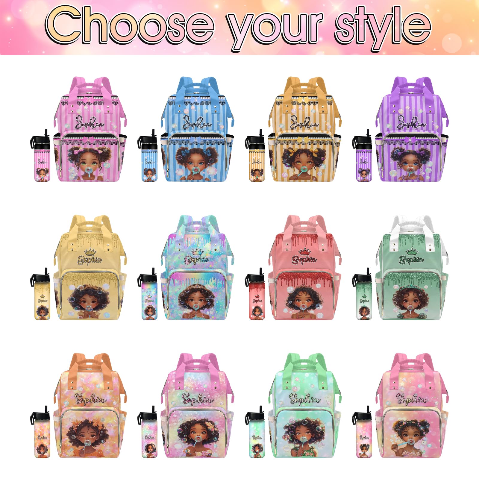Artsadd Personalized Diaper Bags with Name, Custom Princess Diaper Backpacks for New Mom Customized Multifunctional Backpack for Picnic, Shopping Camping and Hiking