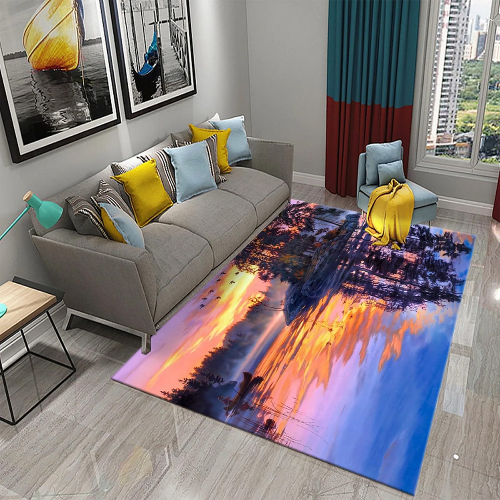 Tapis de chambre 3D lever du soleil et tapis salon lavable carré