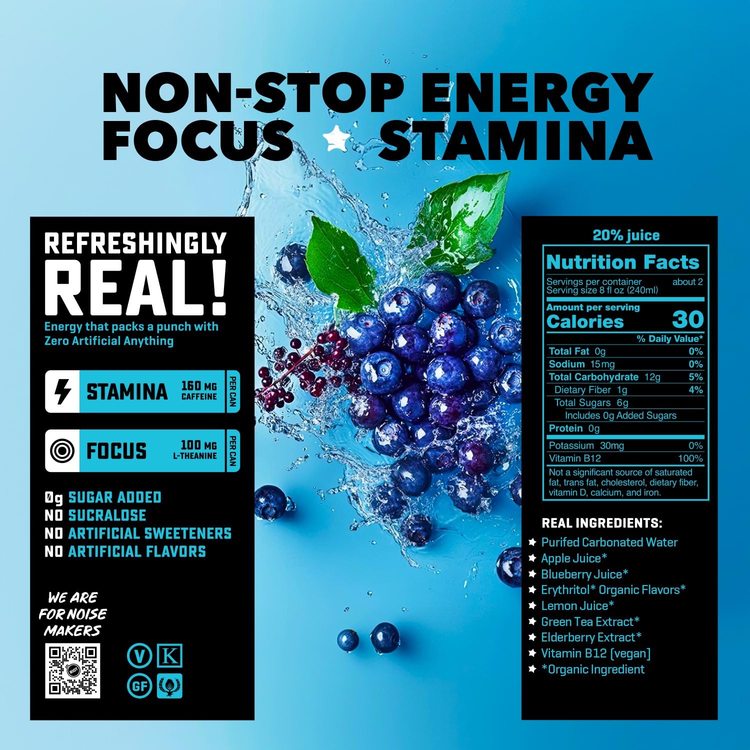 RIOT Clean Energy Drink – Berry | No Sucralose, No Sugar Added, No Artificial Flavors | 160mg Natural Caffeine + 100mg L-Theanine | Clean Focus, Stamina & Smooth Energy | 16 Fl Oz (Pack of 12)