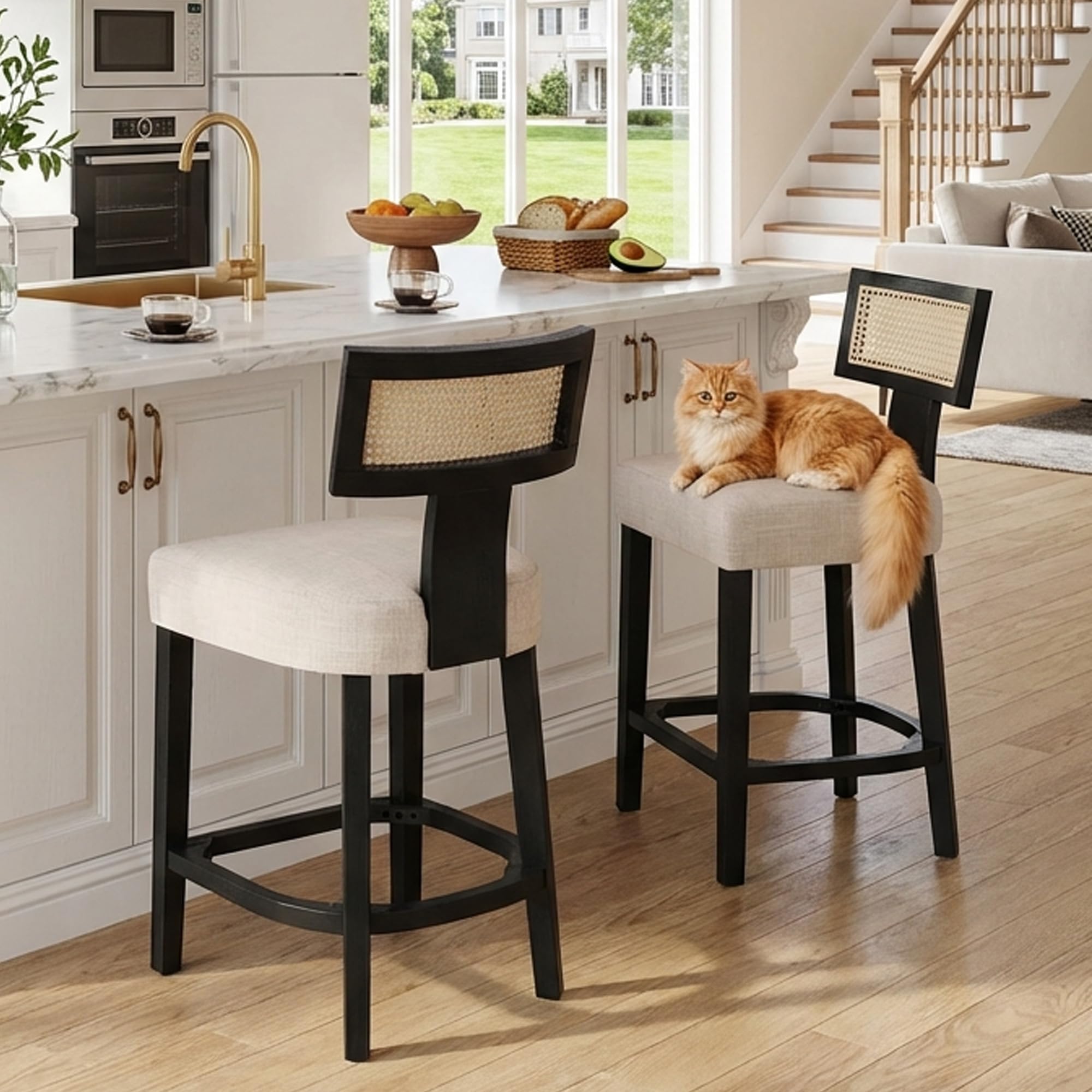 26’’ Rattan Barstools with Back Counter Height Bar Stools Set of 2, Beige Linen Modern Kitchen Counter Stools Upholstered Farmhouse Wicker Bar Stools Woven Boho Bar Stool Chairs with Black Wood Frame