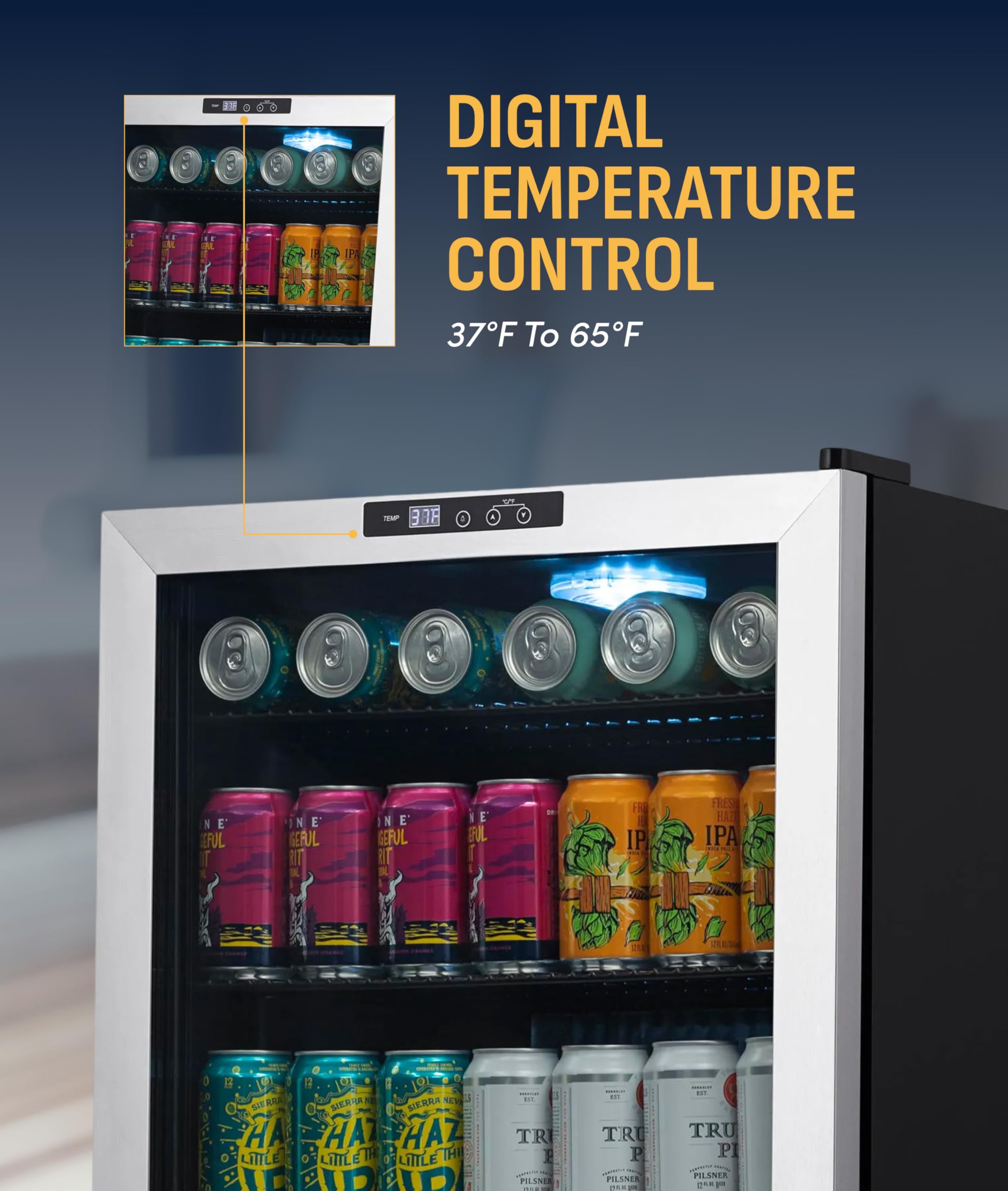 NewAir 160 Can Beverage Refrigerator | Freestanding Small Mini Fridge For Bedroom, Home Bar Or Living Room | Splitshelf Storage, Digital Thermostat & LED Light | Stainless Steel on Fridge.com - View 5