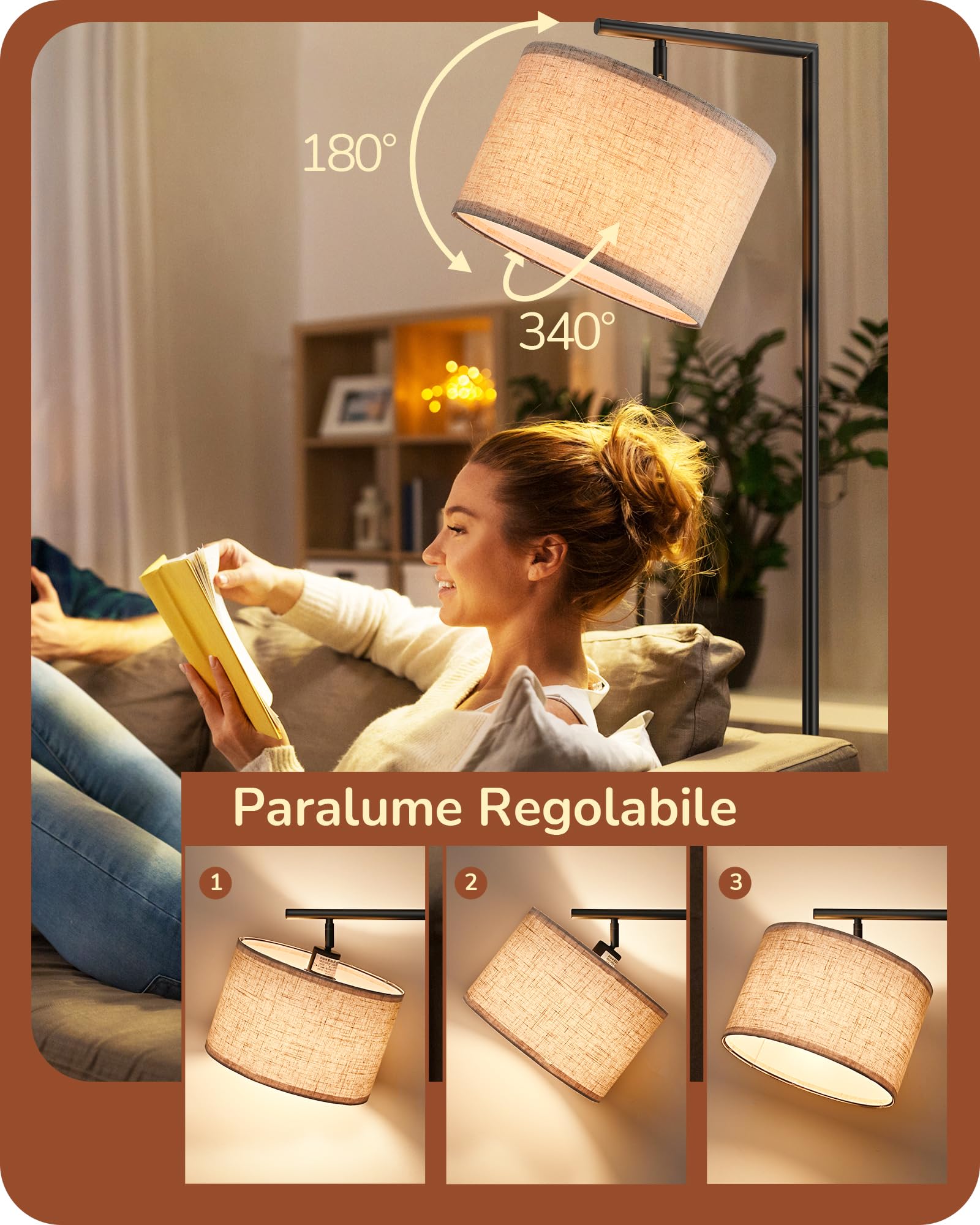 EDISHINE Lampada da Terra per Soggiorno con Paralume in Lino Beige con Angolo Regolabile, Attacco E27, Lampadine Non Incluse, Lampada da Terra in Metallo con Interruttore a Pedale