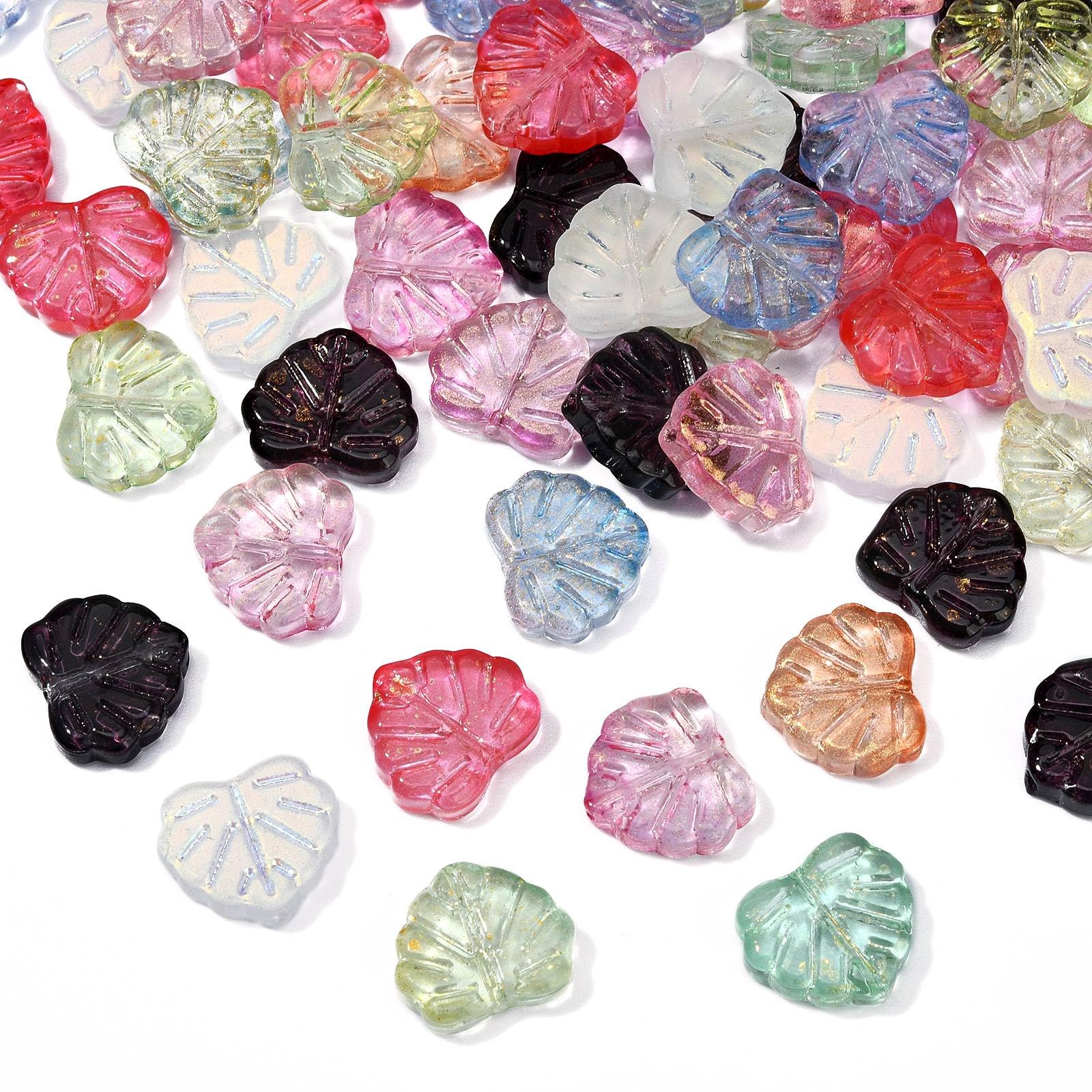 Stiesy 100Pcs Mixed Colour Czech Glass Leaf Beads Maple Leaves Lampwork Beads with Glitter Powder Spacer Beads Bulk for Jewellery Making Bracelet Craft Earrings