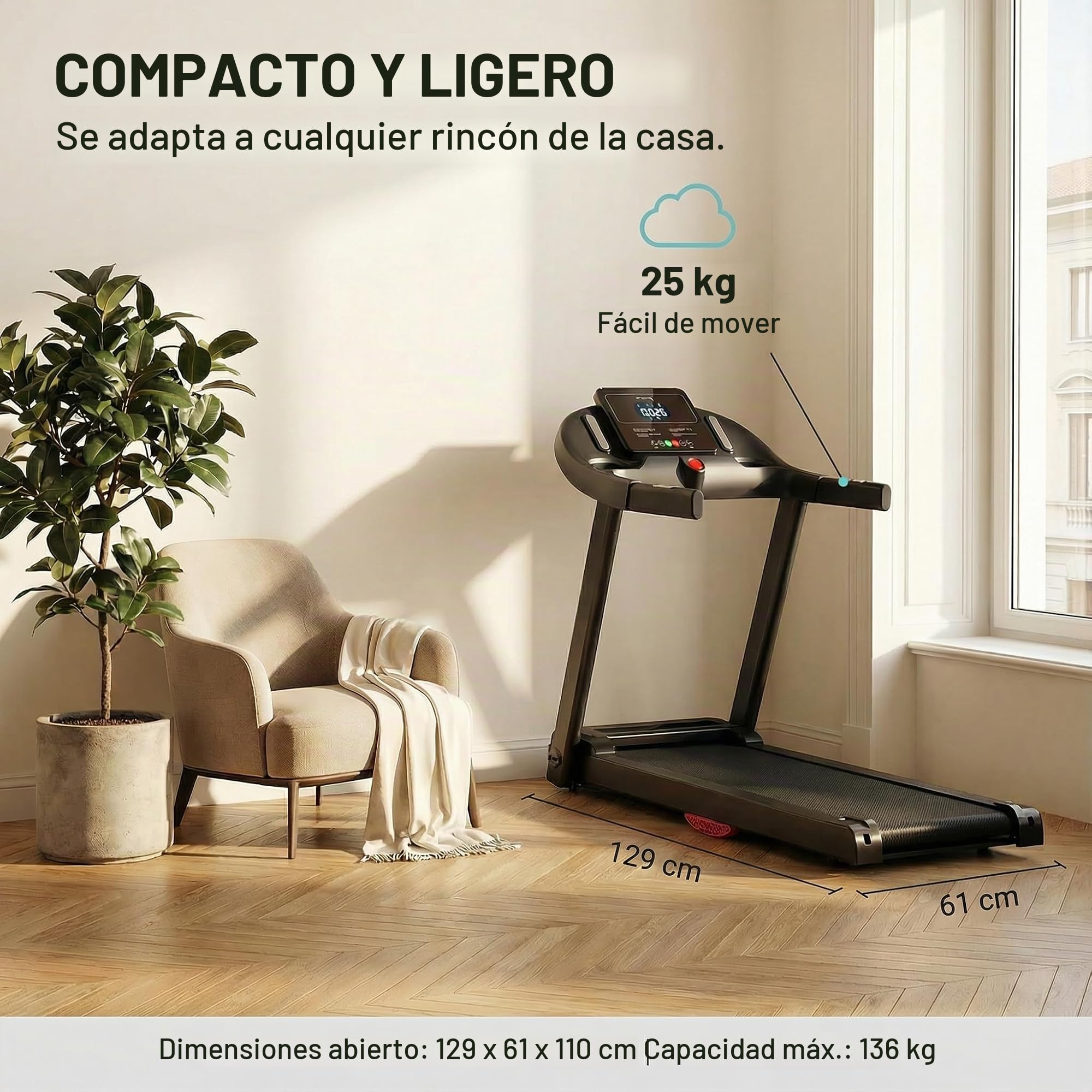 Cinta de Correr Plegable con Inclinación 15%, Cinta de Andar para Casa 14 km/h, Motor Sin Escobillas 3.0 HP, Pantalla LED, 12 Programas Preestablecidos, Soporte 136 kg