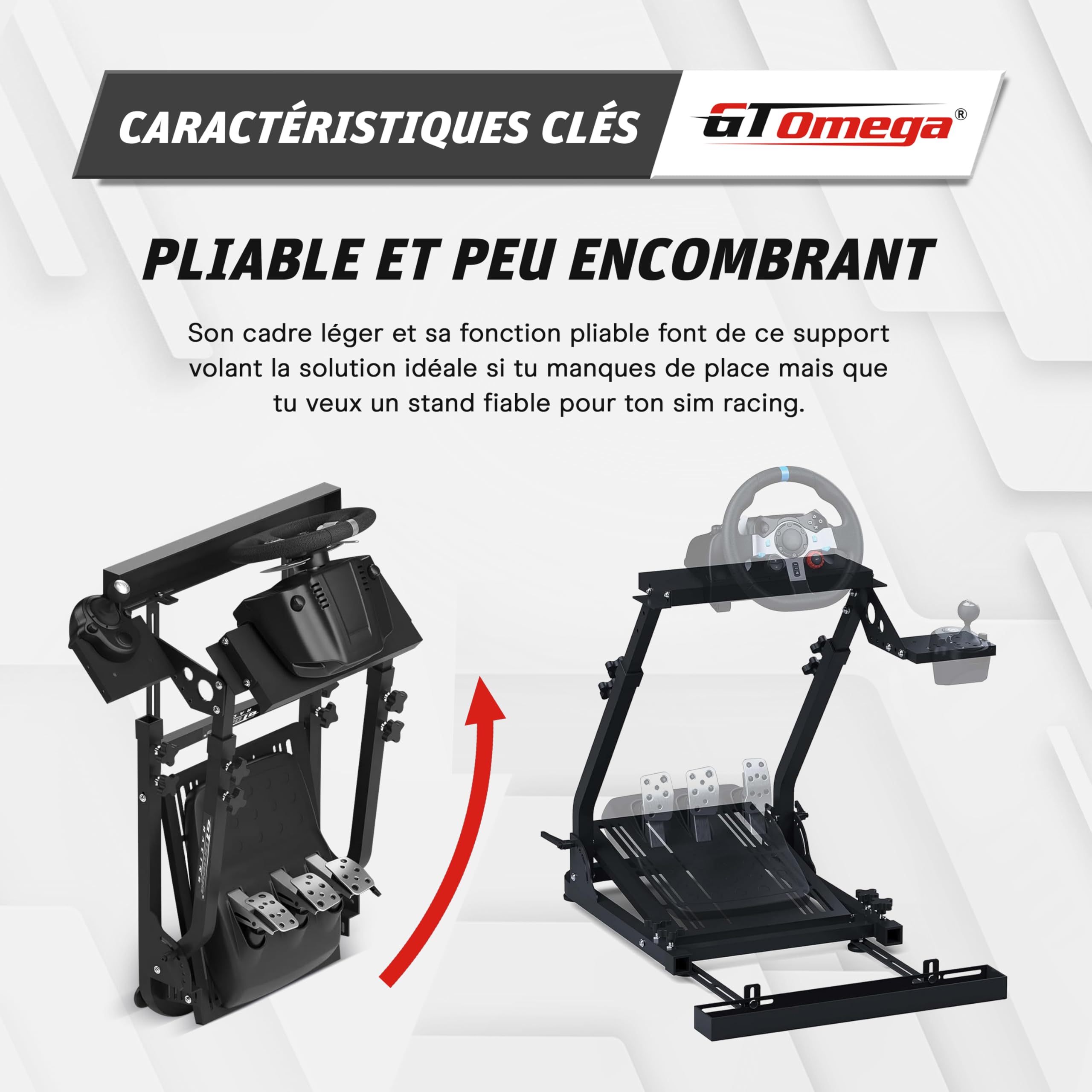 GT OMEGA Classic Wheel Stand – Support Volant Pliable d’Entrée de Gamme, Pré-équipé d’un Support Levier et Chair Link Inclus, Réglable et Prêt à Évoluer