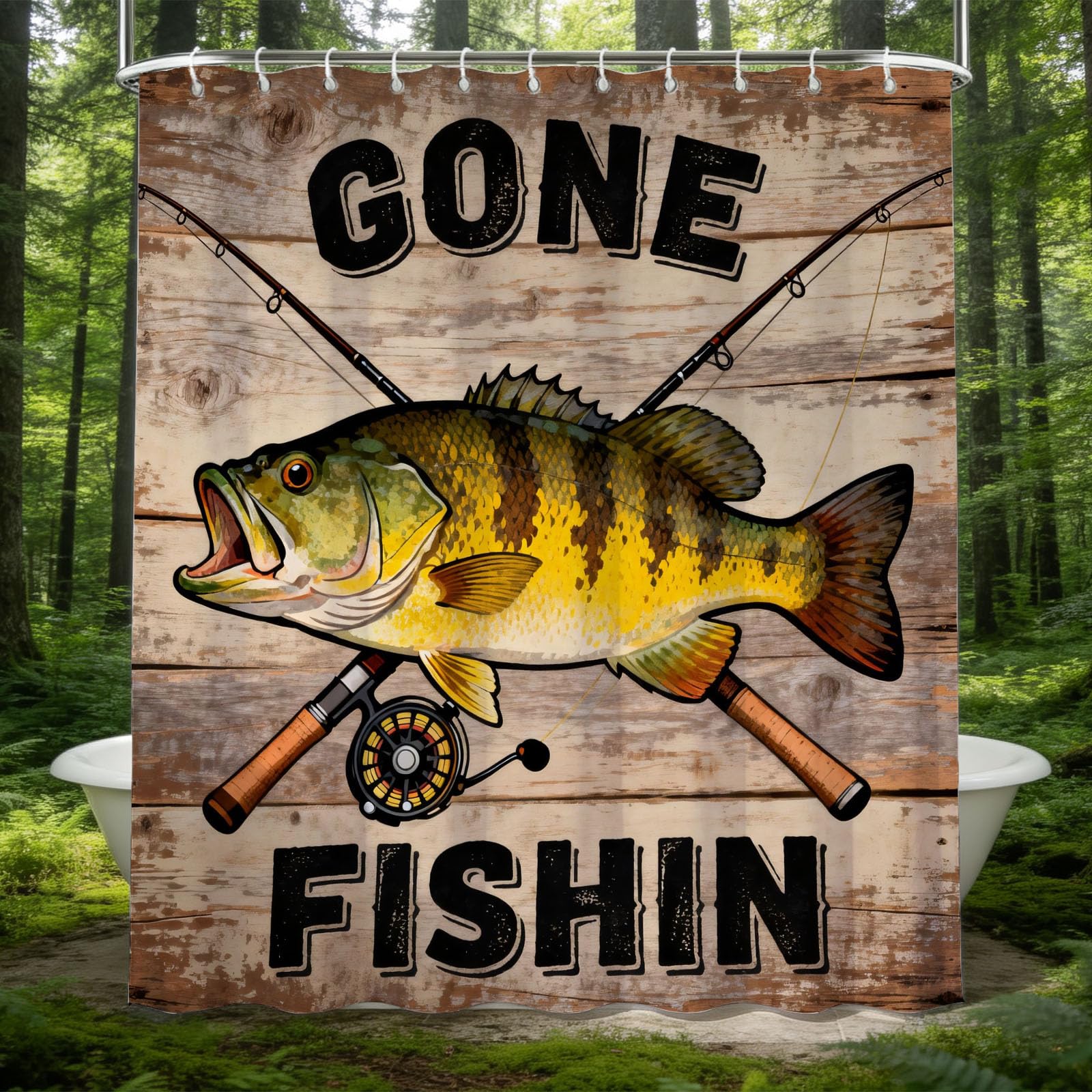 Hongduo White 3D Fishing Illustration Shower Curtain For Stalls Bathtubs Rustic Bathroom Decor Shower Curtain Set Polyester Fabric Waterproof 200X200cm/79X79 Inch With Hooks