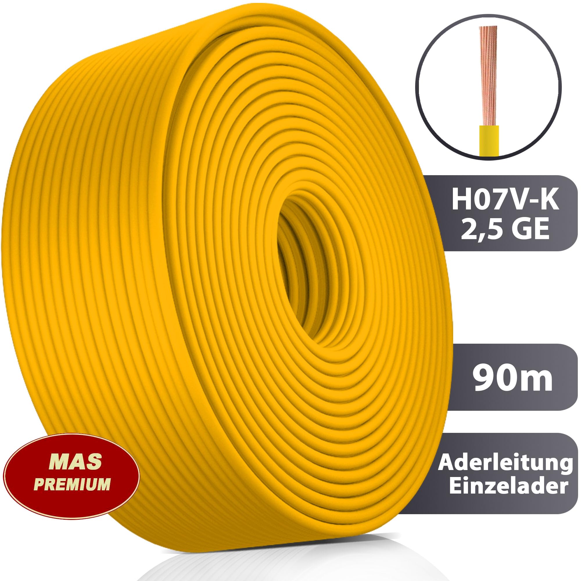 Cable H07 V-K 2,5 mm², color amarillo, cable individual flexible de 5 a 100 m (90 m)