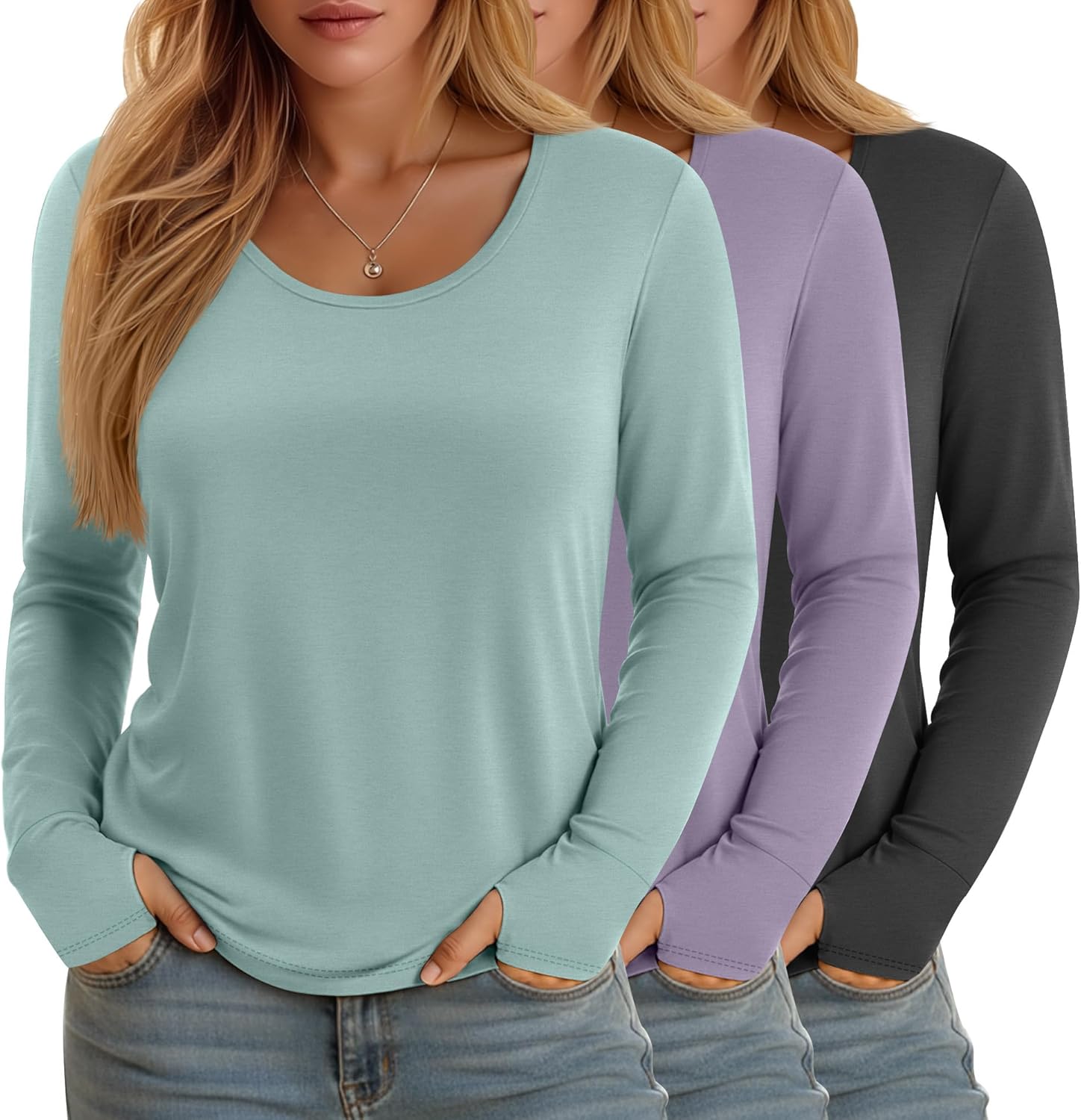 3 Pack Women's Plus Size Shirts Long Sleeve Scoop Neck T Shirts Cotton Basic Tops Loose Tees with Thumb Holes