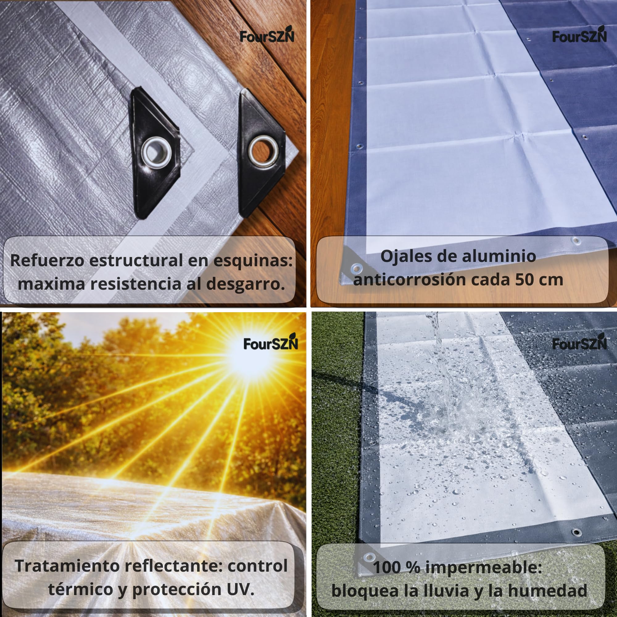 Lona Impermeable Exterior Reforzada 300 g/m², Toldo de Protección PE Doble Cara con Ojales de Aluminio y Cuerda Incluida, Resistente a Rayos UV y Lluvia para Jardín, Piscina, Coche y Leña 4x4m