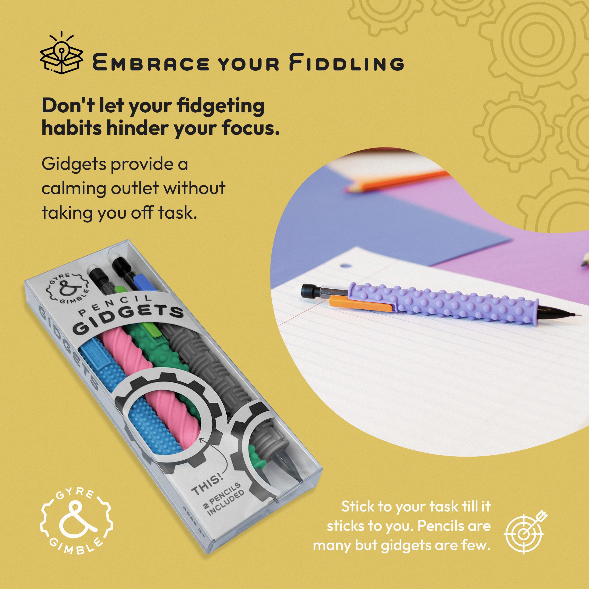 Gyre & Gimble Pencil Gidgets – Funda De Silicona Texturizada Para Un Descanso Silencioso, Transforma Tu Lápiz Mecánico En Una Herramienta Sensorial Para El TDAH Para Niños Y Adultos, 4 Mangas Y