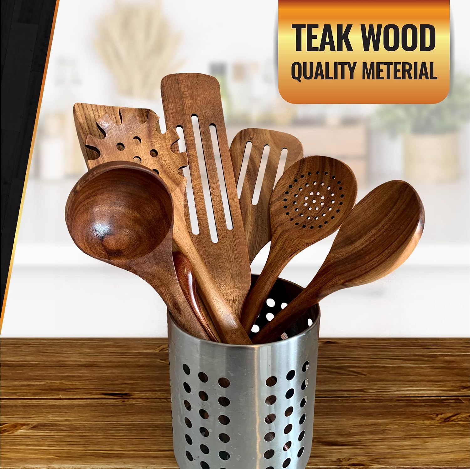 Teak Wooden Cooking Utensils Set, 9 Pieces-La Pelite Rose-Serving Spoons, Ladle, Spatulas, Whisk, Sturdy,Strong, Durable - Image 4