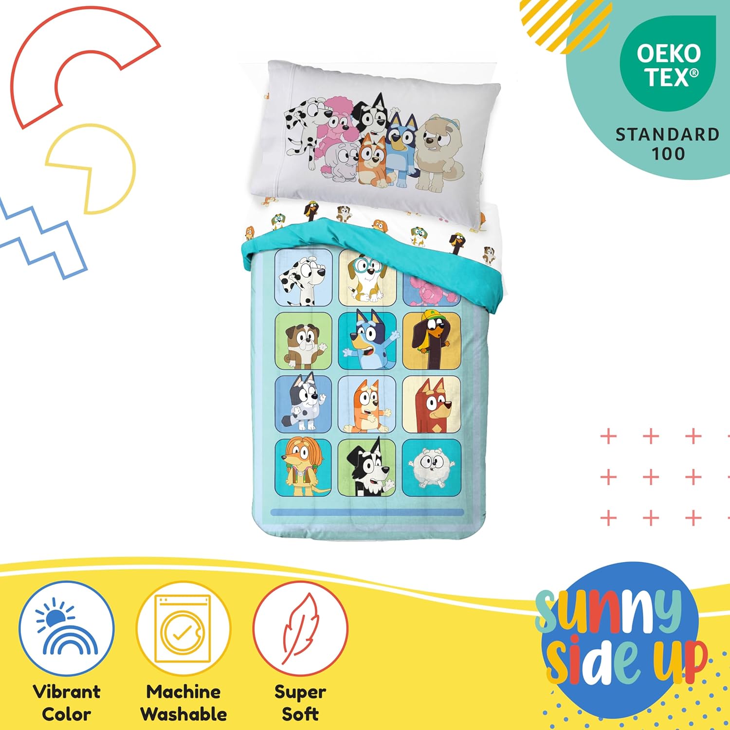 Sunny Side Up Bluey & Friends Toddler Comforter Set - 4 Piece Preschool Bedding Includes Comforter, Sheets & Pillow Cover - Super Soft Microfiber Bed Set