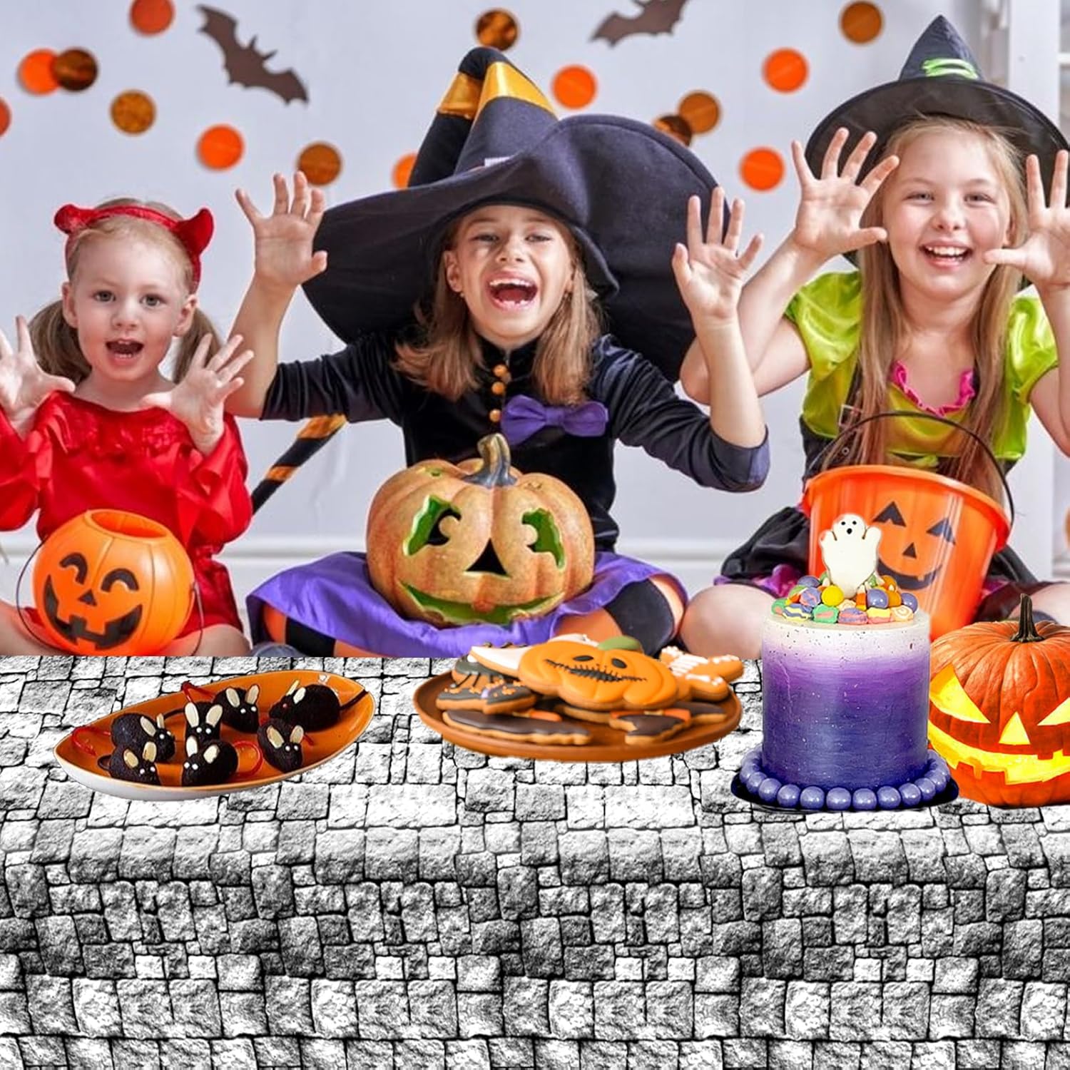 PHOGARY 3 Pieces Stone Wall Tablecloths Brick Tablecloths Halloween Table Covers Disposable Plastic Tablecloths Photo Brick Decal Wallpaper Stone Pattern Table Cloth for Medieval Party Decorations